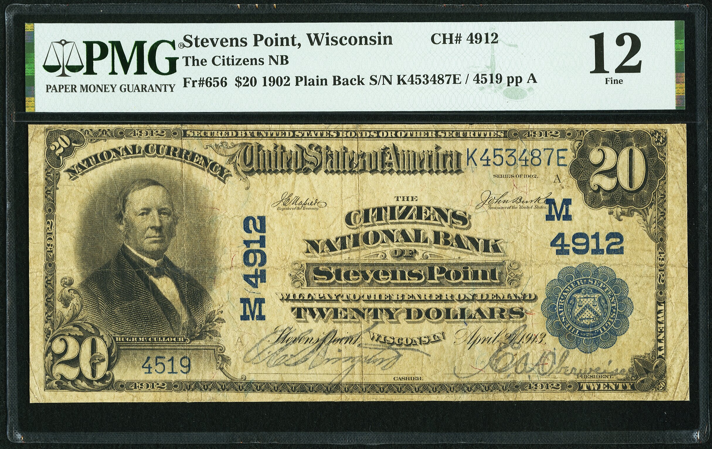 image for: Stevens Point, WI - $20 1902 Plain Back Fr. 656 The Citizens National Bank Ch. # (M)4912 PMG Fine 12....