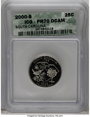 image for: 2000-S 25C South Carolina Clad PR70 Deep Cameo ICG. NGC Census: (0/0). PCGS Population (63/0). Numismedia Wsl. Price: $120...