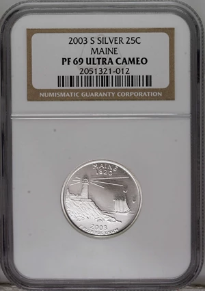 image for: 2003-S 25C Maine Silver PR69 Deep Cameo NGC. NGC Census: (4083/1027). PCGS Population (4312/76). Numismedia Wsl. Price: $2...