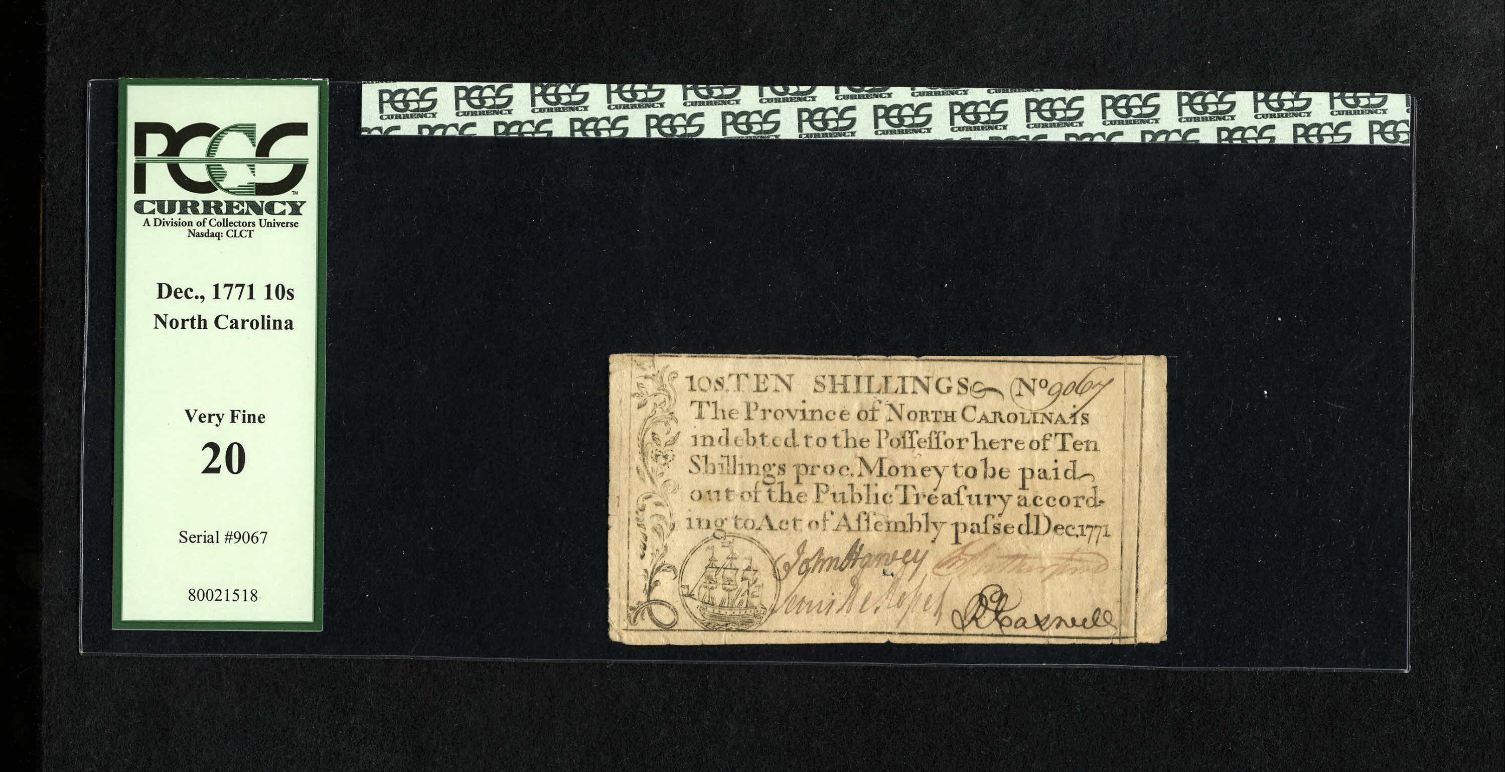 image for: North Carolina December, 1771 10s PCGS Very Fine 20. There is a nice ship vignette on this note. All signatures are legible....