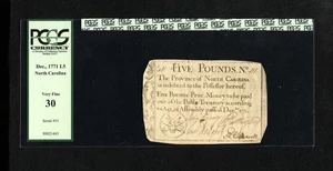 image for: North Carolina December, 1771 £5 PCGS Very Fine 30.The paper quality on this issue is excellent considering its 235 years o...