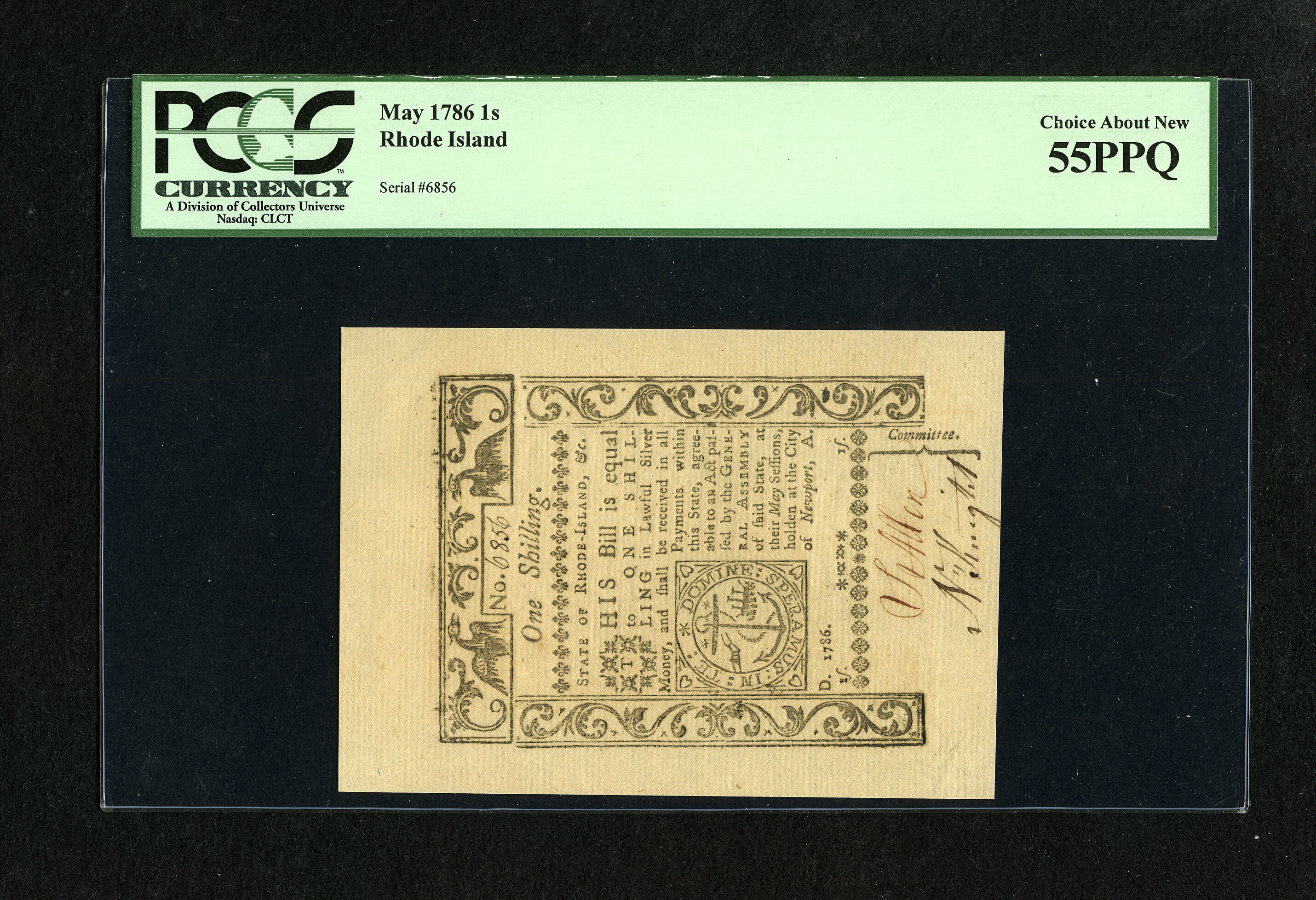 image for: Rhode Island May 1786 1s PCGS Choice About New 55PPQ.