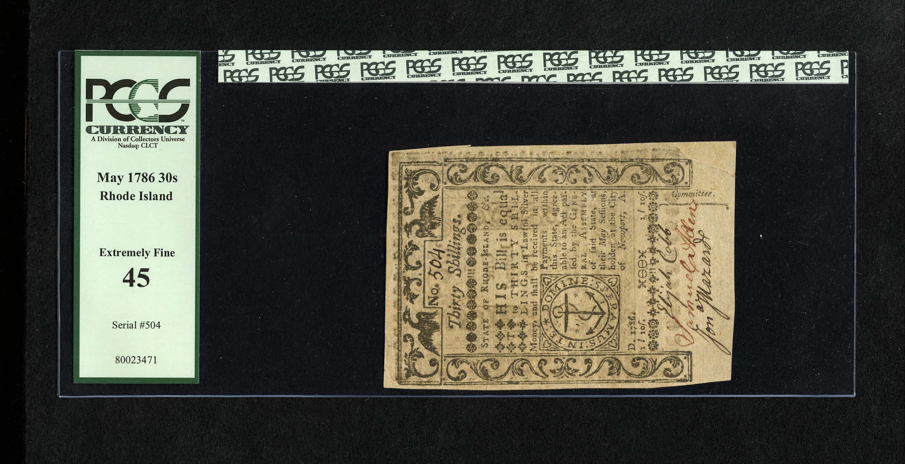 image for: Rhode Island May 1786 30s PCGS Extremely Fine 45. The Thirty Shillings and up denominations required three signatures for th...