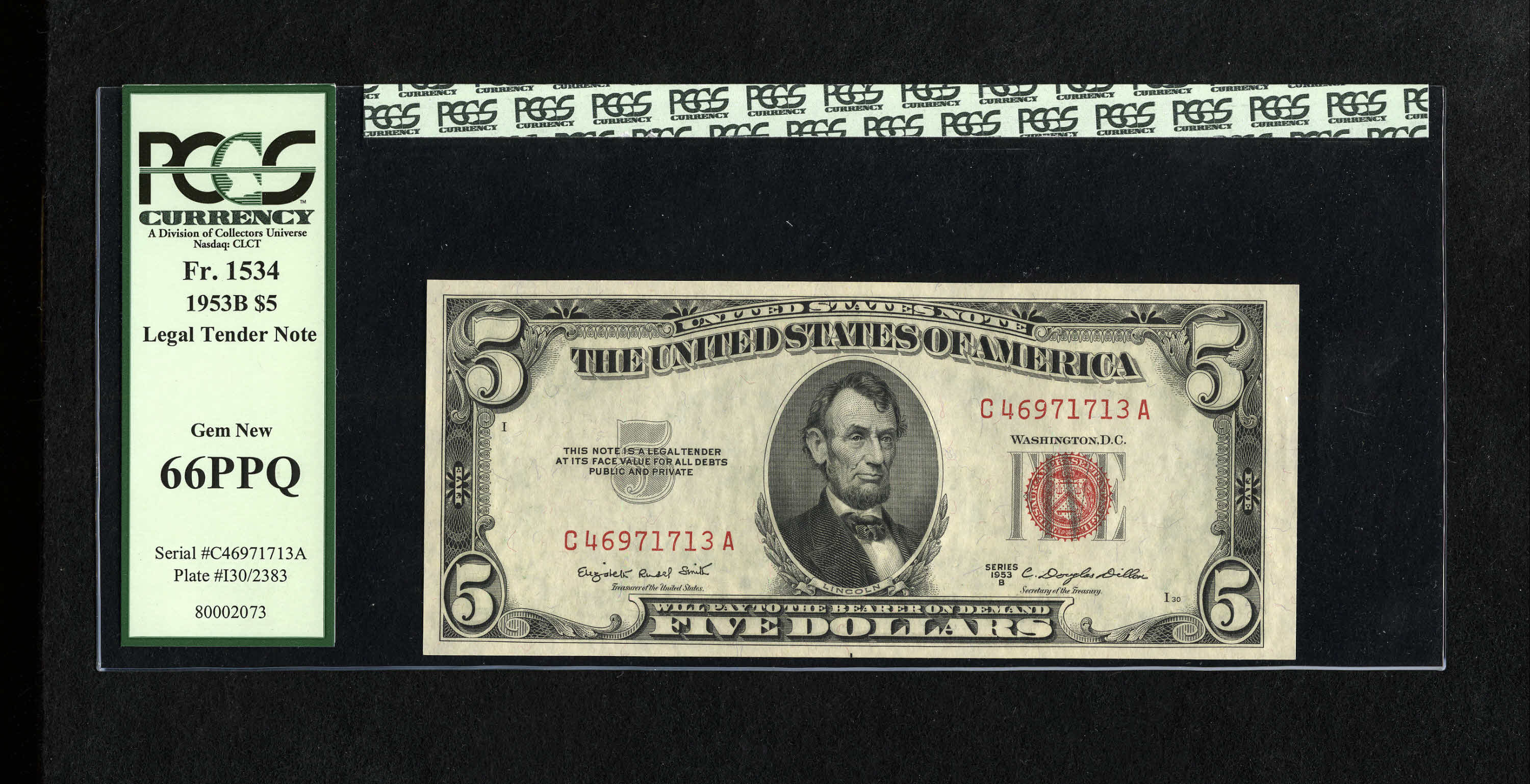 image for: Fr. 1534 $5 1953B Legal Tender Note. PCGS Gem New 66PPQ.This example has four wide margins....