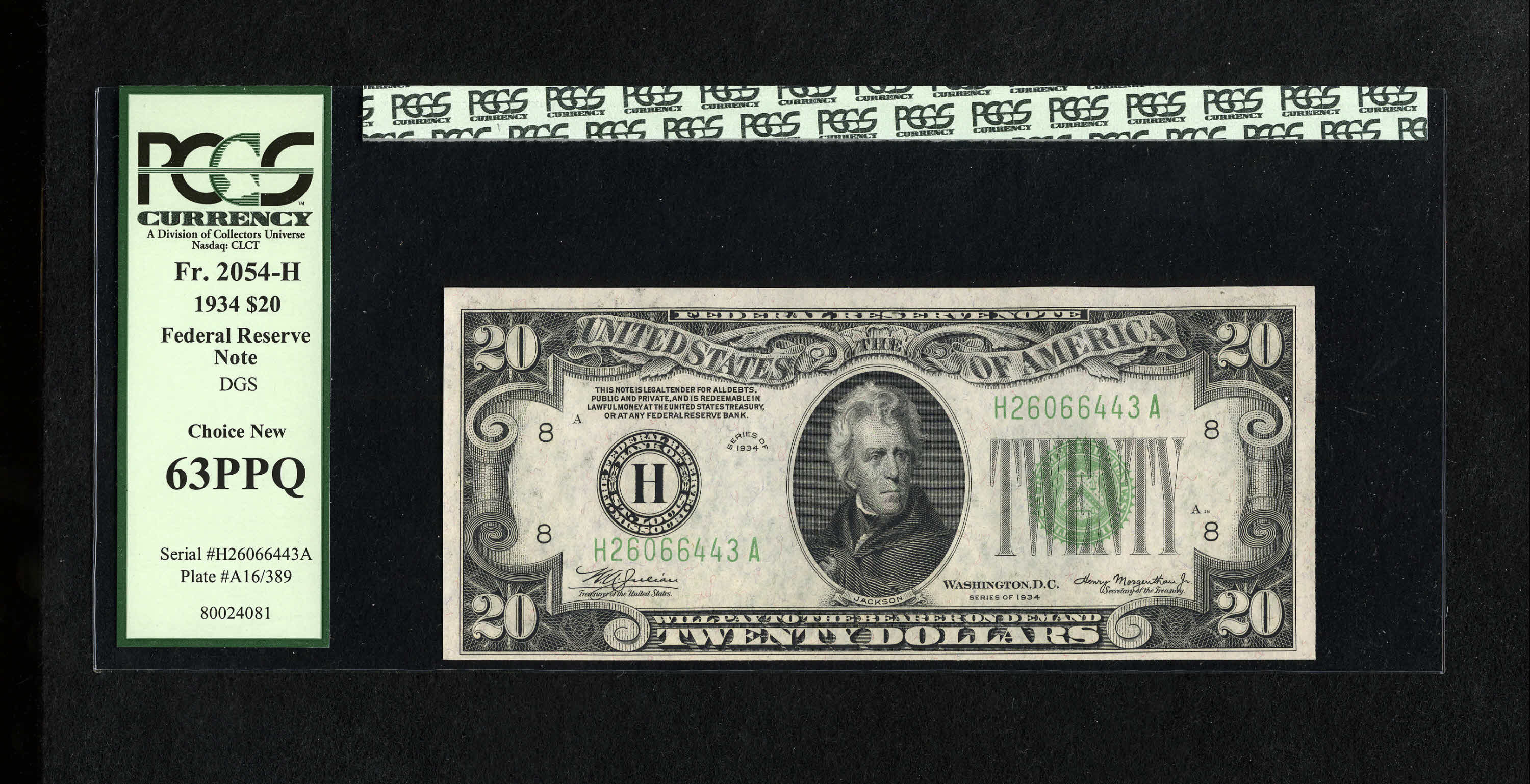 image for: Fr. 2054-H $20 1934 Mule Federal Reserve Note. PCGS Choice New 63PPQ.Embossing is viewed through the third-party holder....