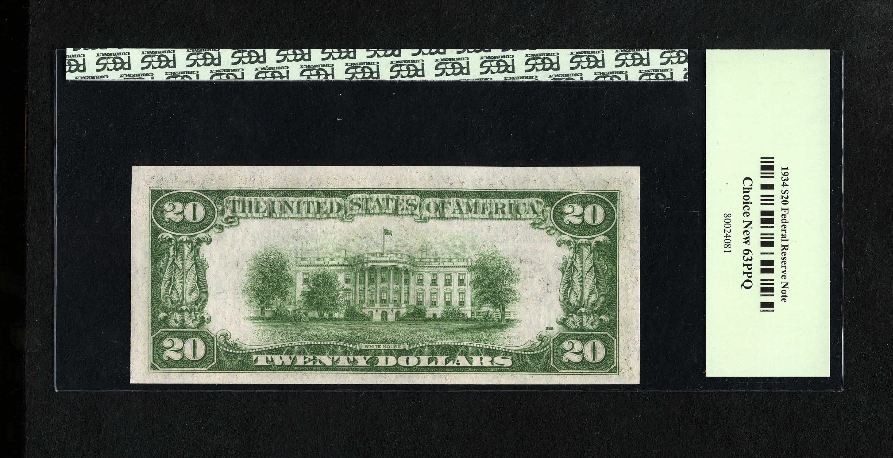 image for: Fr. 2054-H $20 1934 Mule Federal Reserve Note. PCGS Choice New 63PPQ.Embossing is viewed through the third-party holder....