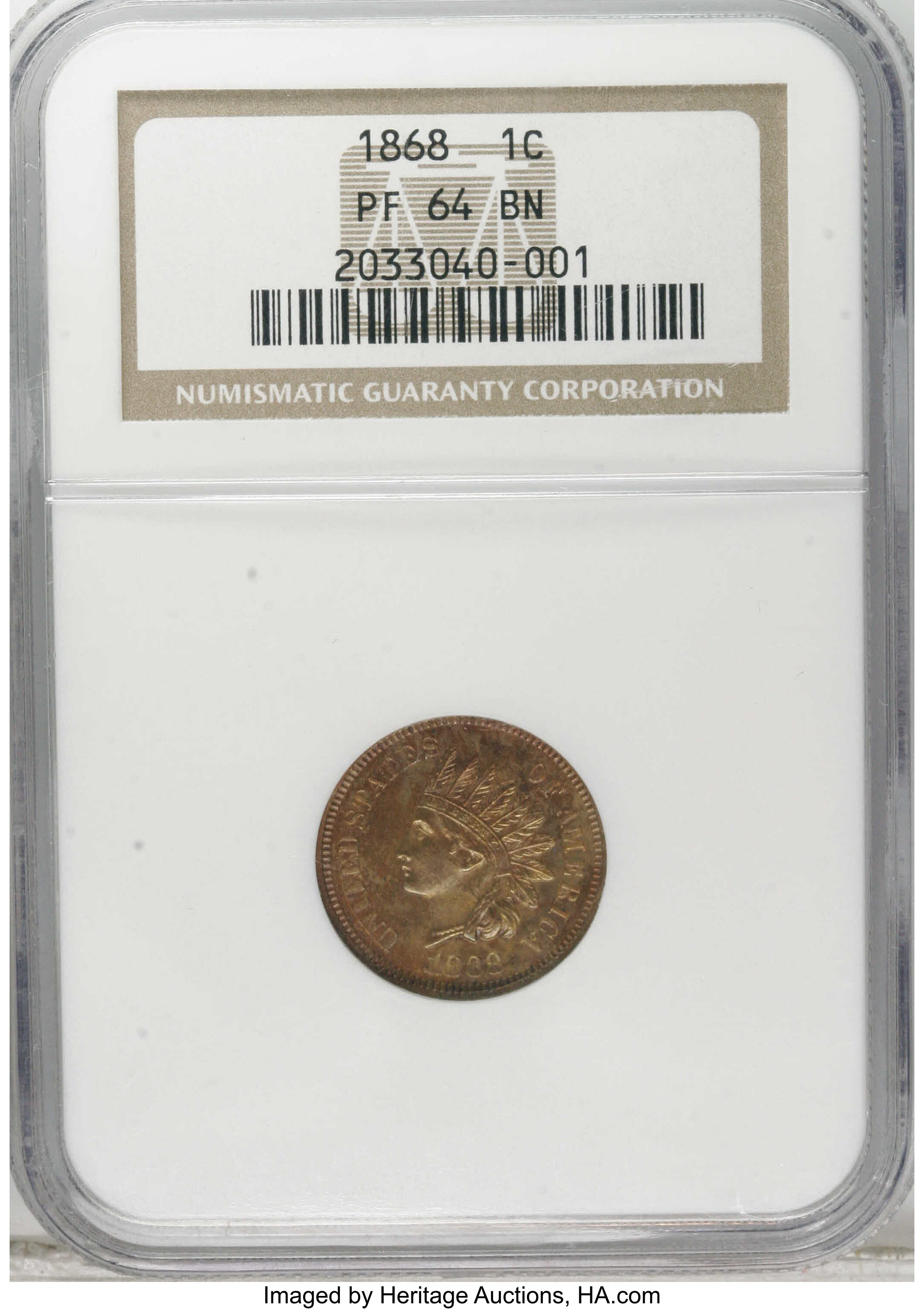 image for: 1868 1C PR64 Brown NGC. NGC Census: (6/6). PCGS Population (4/4). Mintage: 600. Numismedia Wsl. Price: $352. (#2291)...