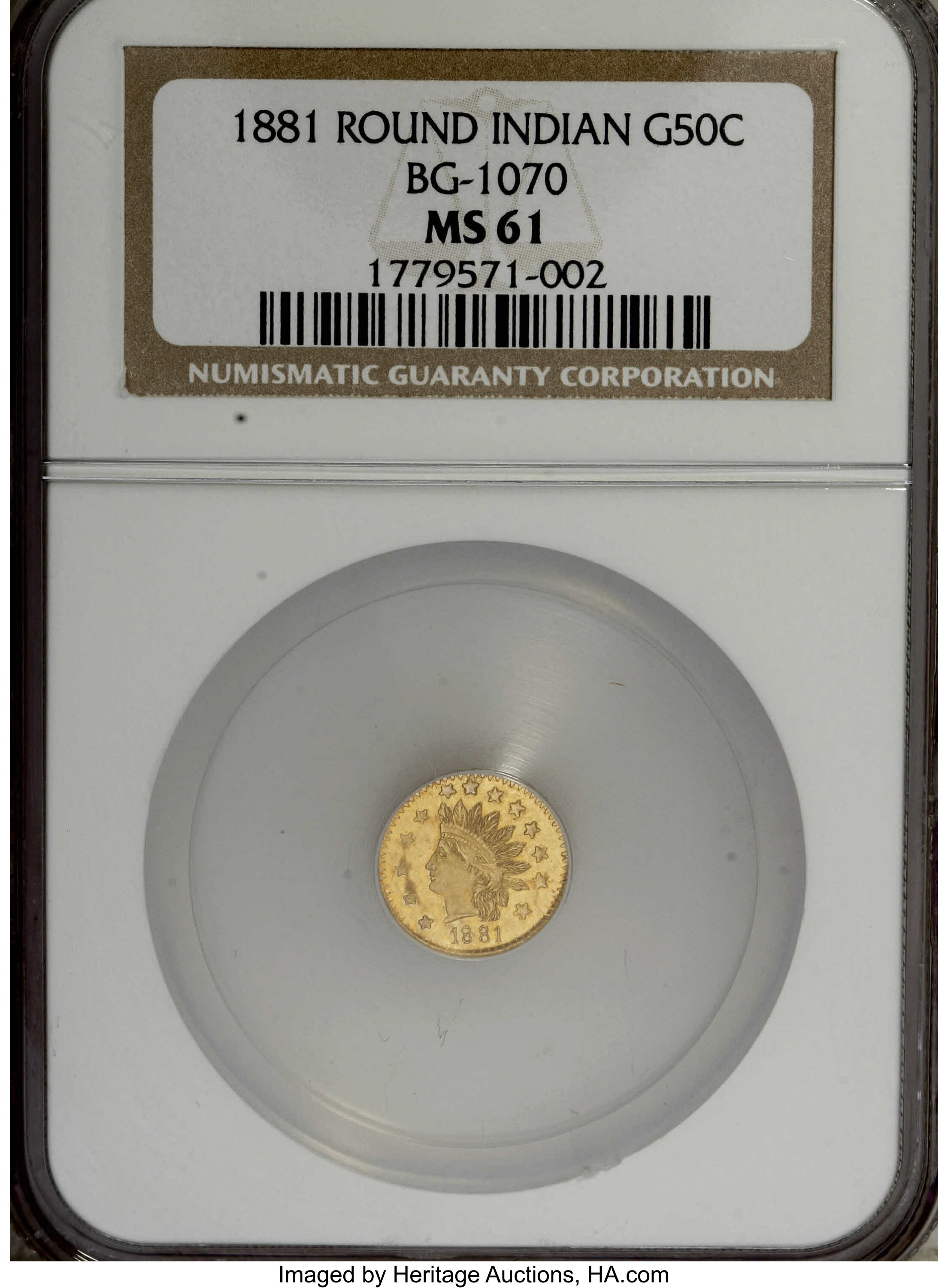 image for: 1881 50C Indian Round 50 Cents, BG-1070, R.5, MS61 NGC. NGC Census: (1/3). PCGS Population (2/23).   (#10899)...