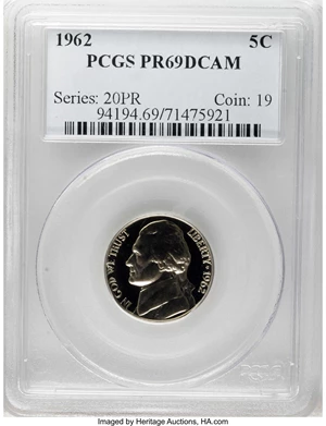 image for: 1962 5C PR69 Deep Cameo PCGS. PCGS Population (51/0). NGC Census: (21/0). Numismedia Wsl. Price: $300. (#94194)...