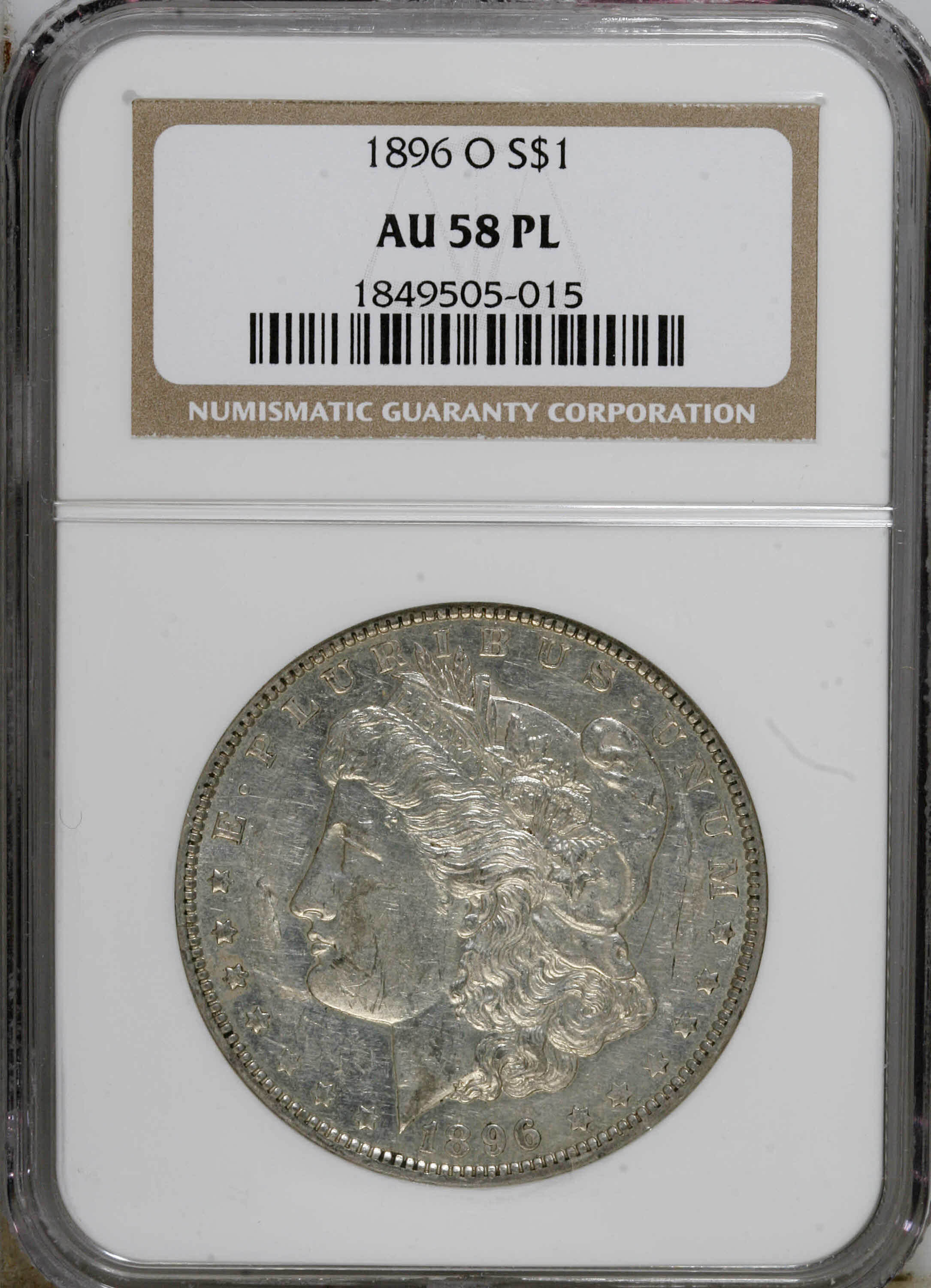 image for: 1896-O $1 AU58 Prooflike NGC. NGC Census: (10/10). PCGS Population (1/8).  Numismedia Wsl. Price: $425. (#7243)...