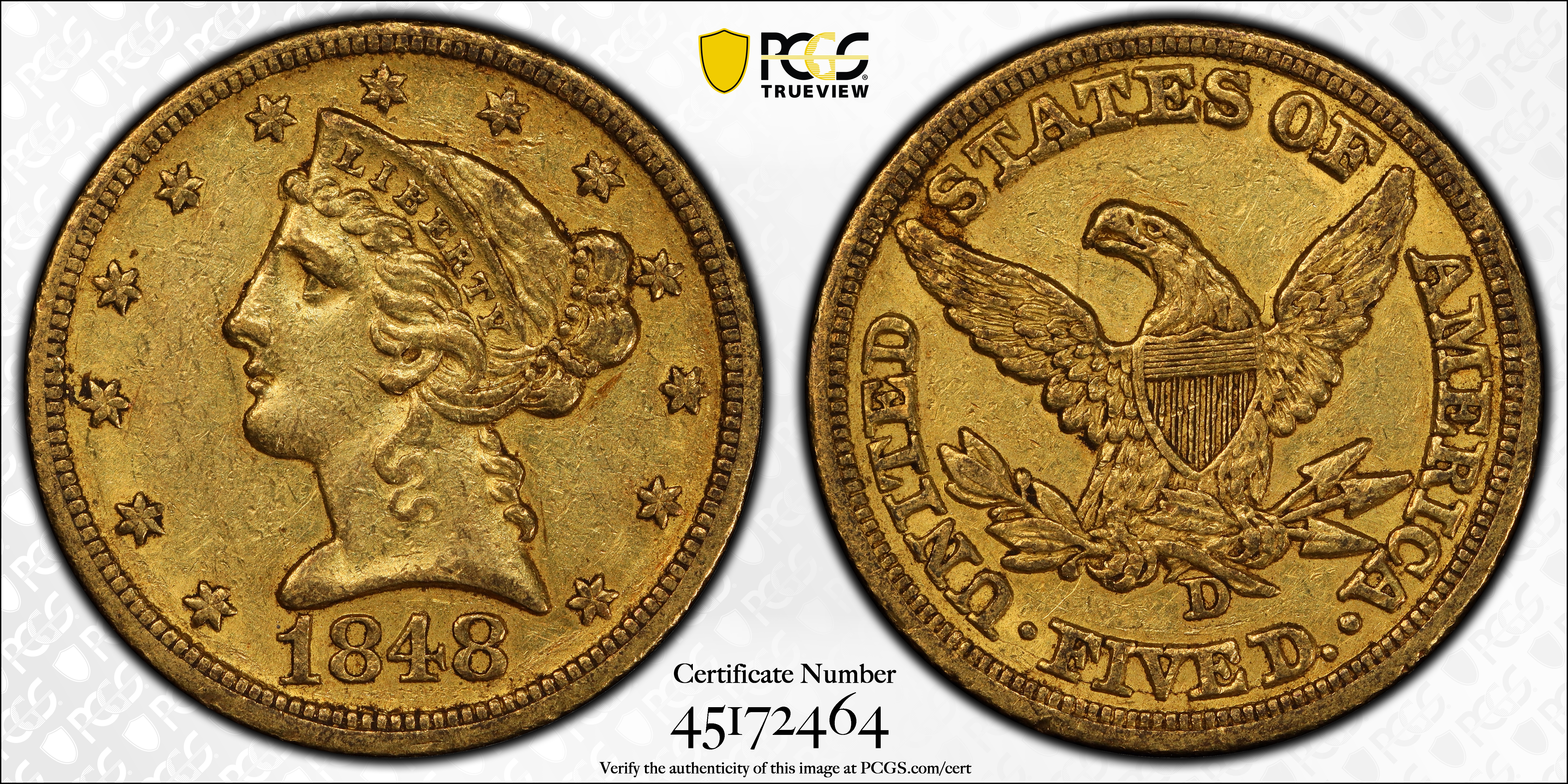 image for: 1848-D/D Liberty Head Half Eagle. Winter 22-O. Die State I. AU-55 (PCGS). CAC.