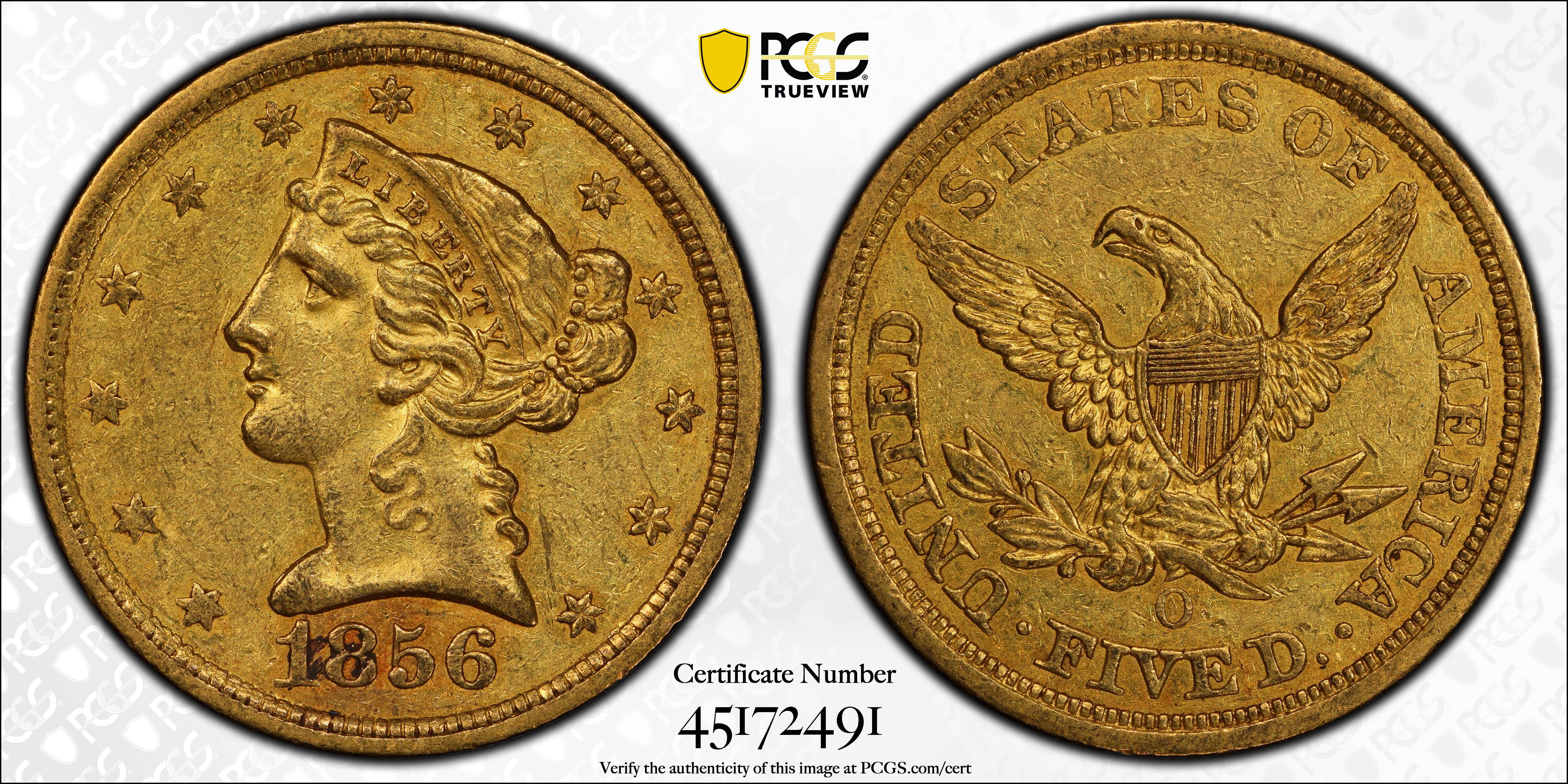 image for: 1856-O Liberty Head Half Eagle. Winter-1, the only known dies. AU-58 (PCGS). CAC.
