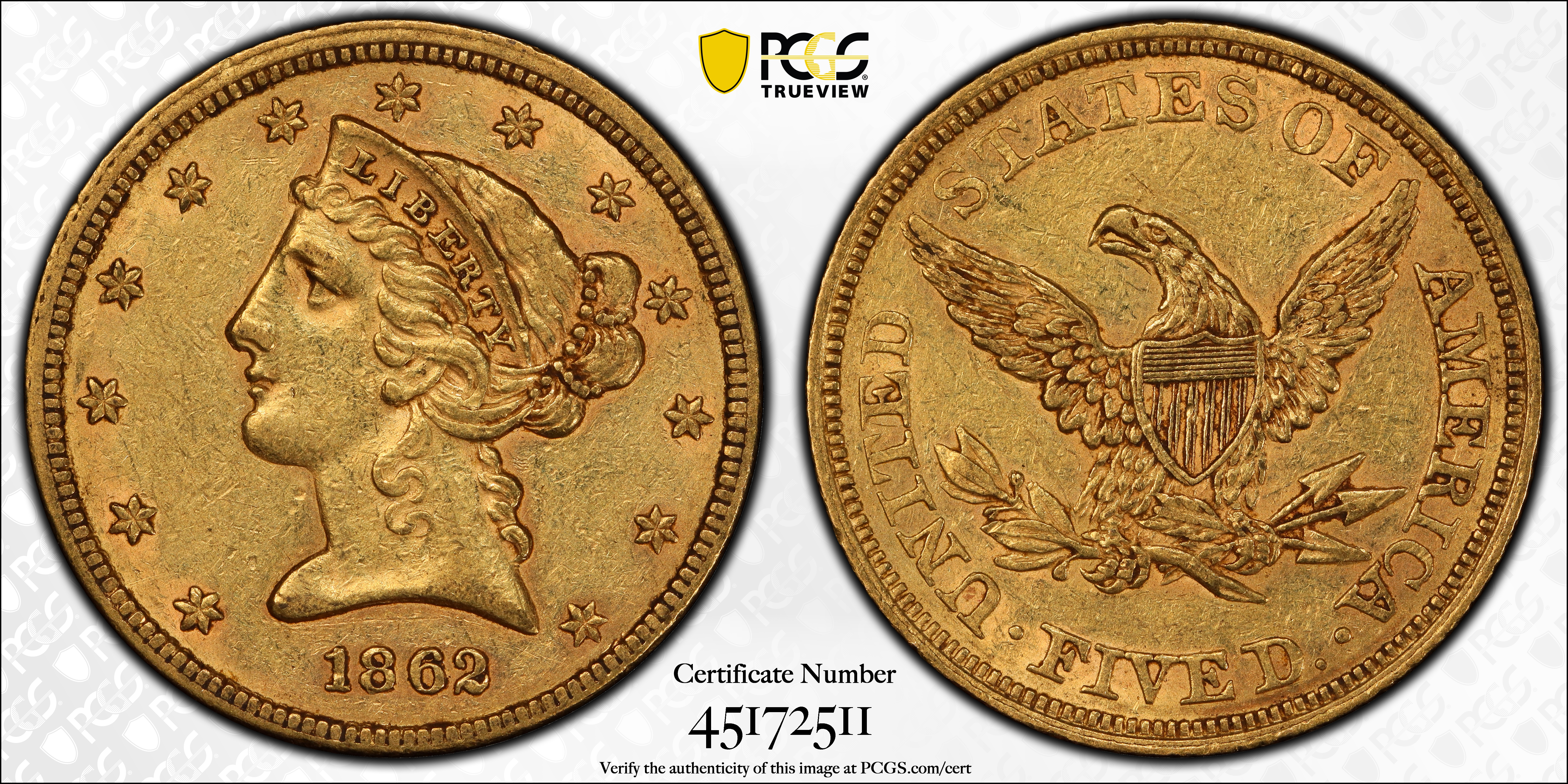image for: 1862 Liberty Head Half Eagle. AU-55 (PCGS). CAC.