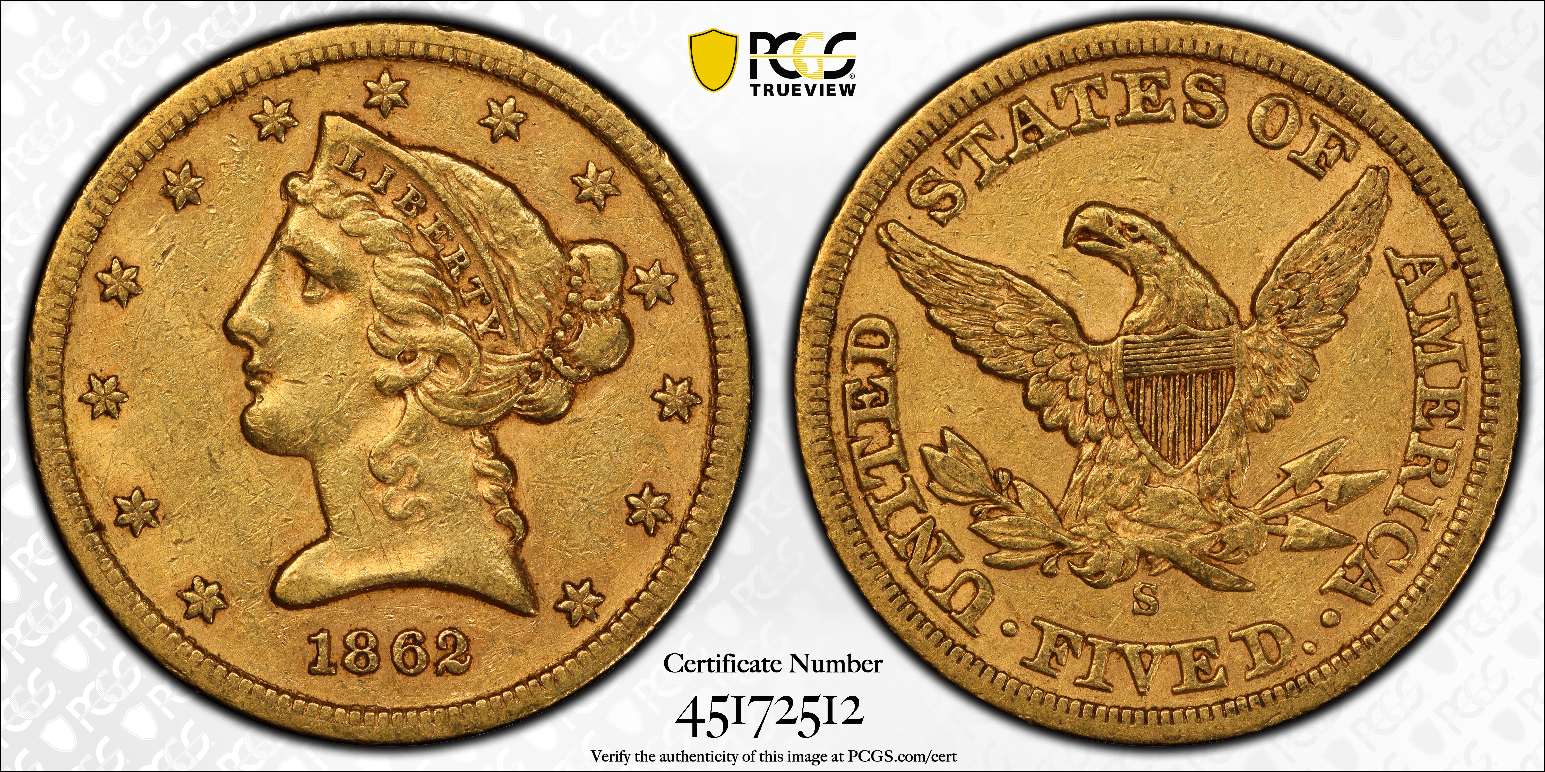 image for: 1862-S Liberty Head Half Eagle. AU-53 (PCGS).