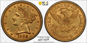 image for: 1866 Liberty Head Half Eagle. AU-58 (PCGS).