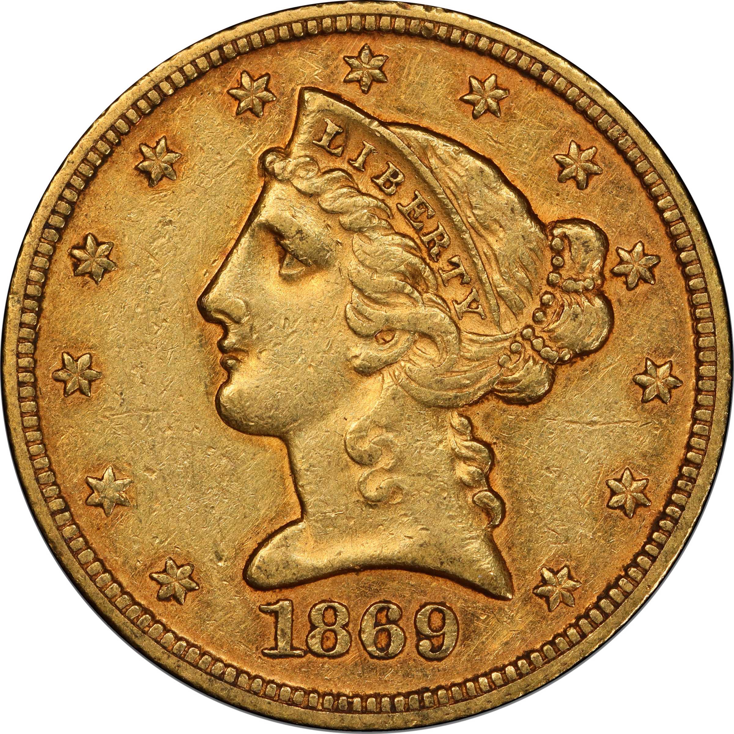 image for: 1869 Liberty Head Half Eagle. AU-58 (PCGS). CAC.