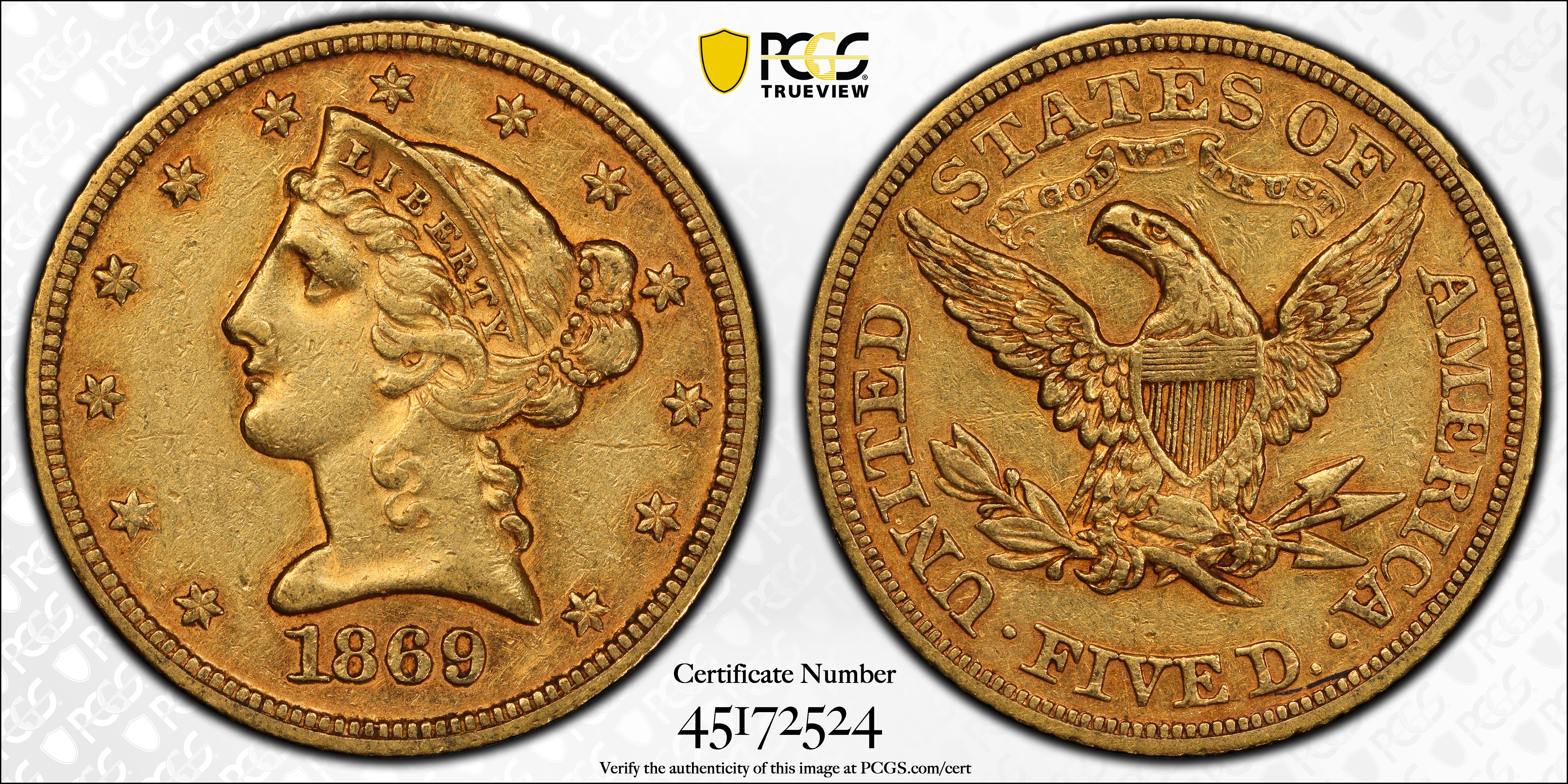 image for: 1869 Liberty Head Half Eagle. AU-58 (PCGS). CAC.