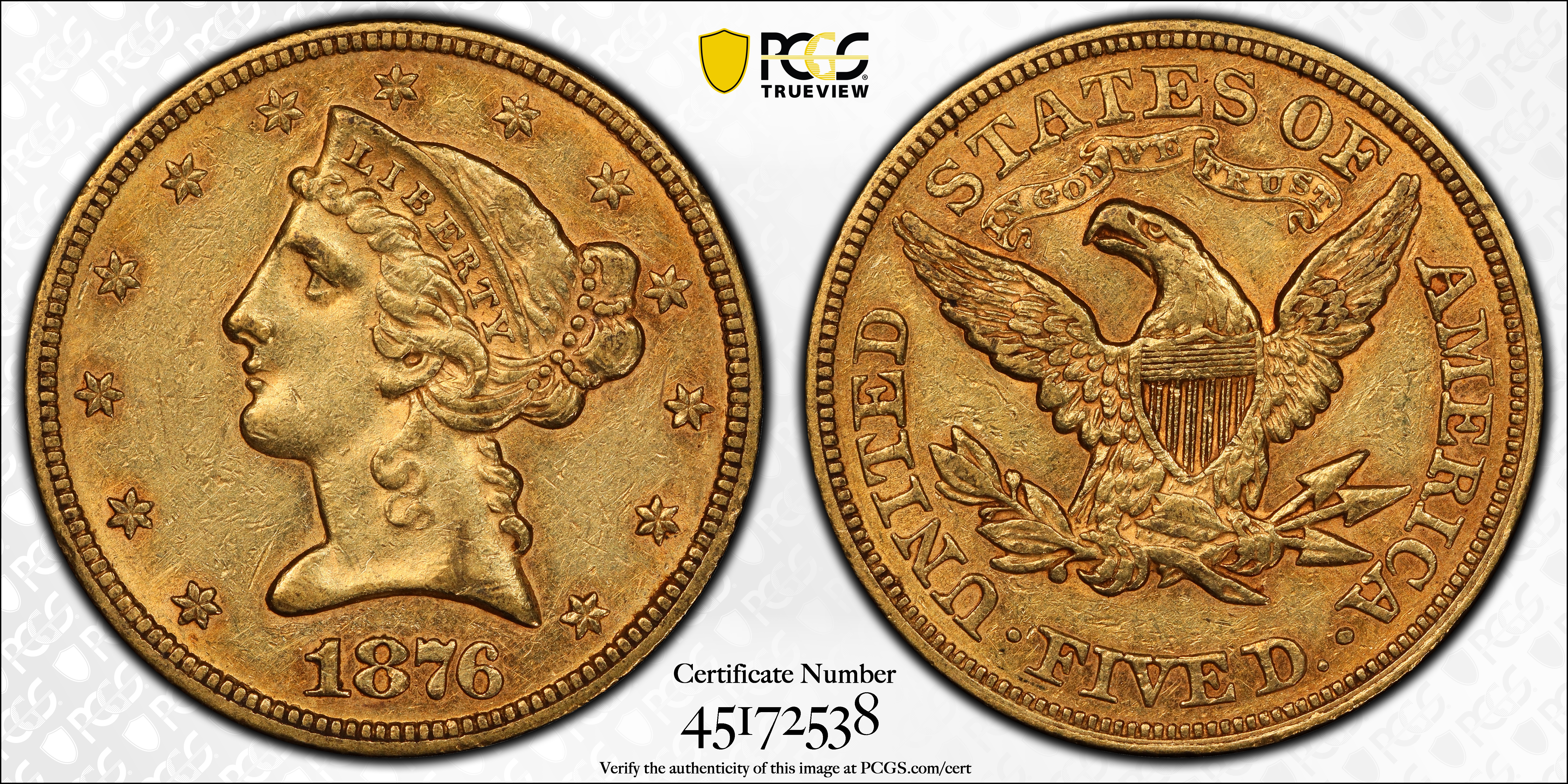 image for: 1876 Liberty Head Half Eagle. AU-58 (PCGS). CAC.
