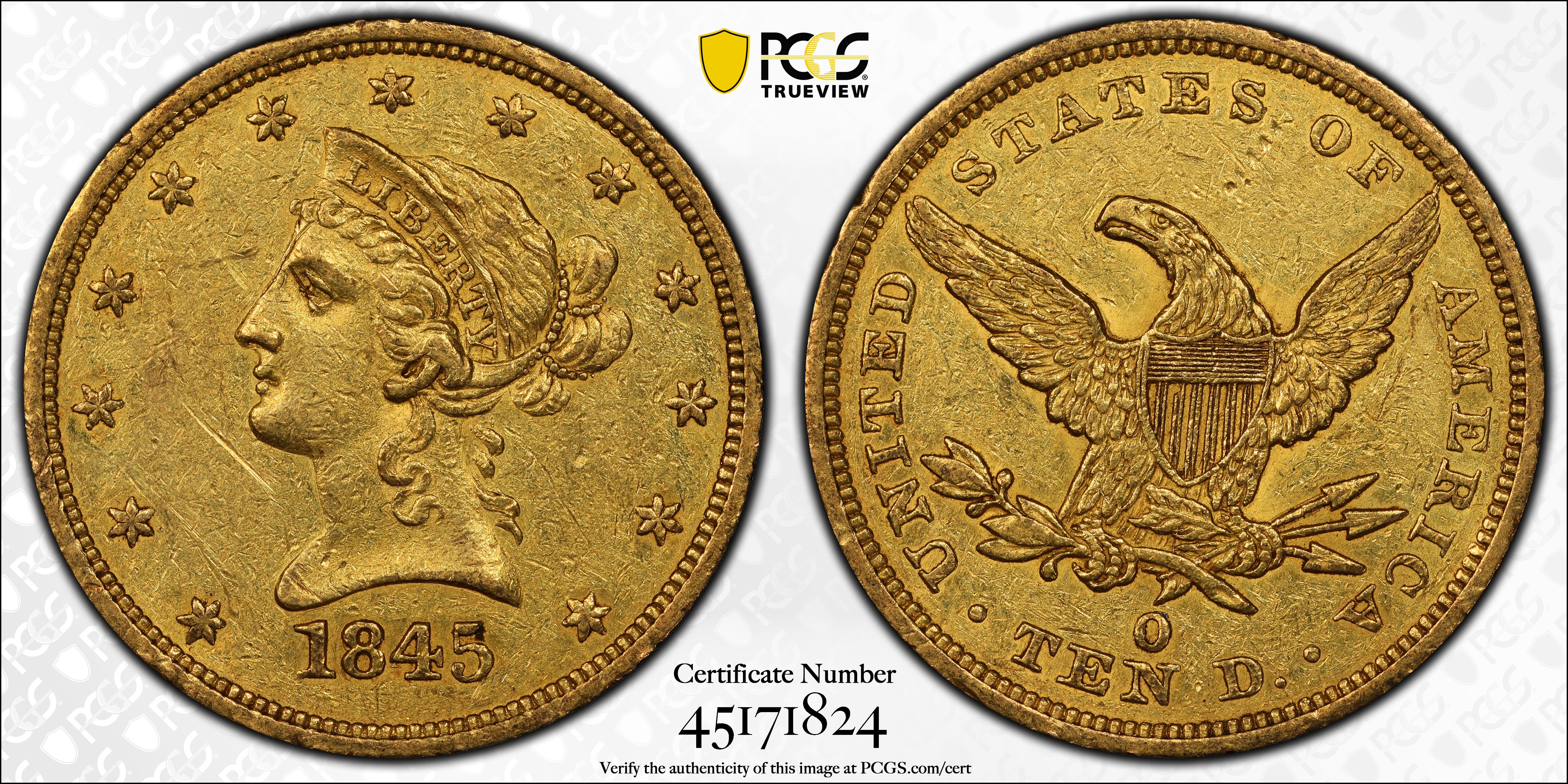 image for: 1845-O Liberty Head Eagle. Winter-1. Repunched Date. AU-53 (PCGS).