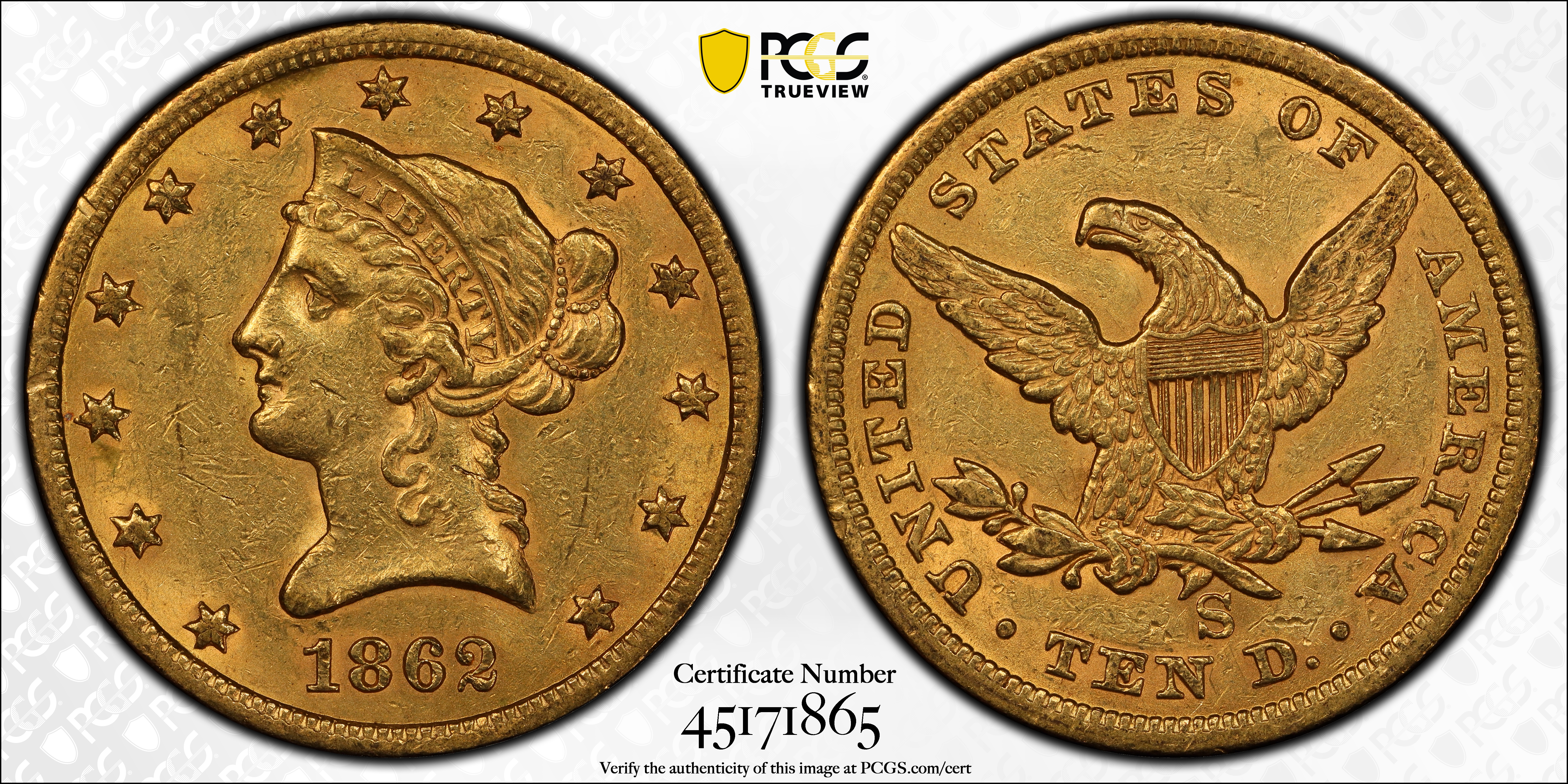 image for: 1862-S Liberty Head Eagle. AU-55 (PCGS).