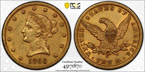 image for: 1866-S Liberty Head Eagle. No Motto. AU-53 (PCGS).
