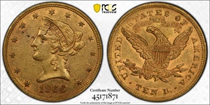 image for: 1866 Liberty Head Eagle. Repunched Date. AU-58 (PCGS).