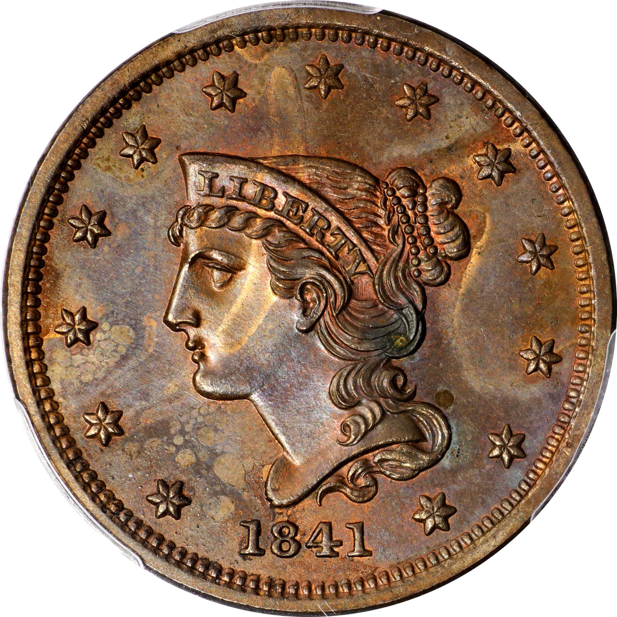 image for: 1841 Braided Hair Cent. N-1. Rarity-5. Proof-64 BN (PCGS).