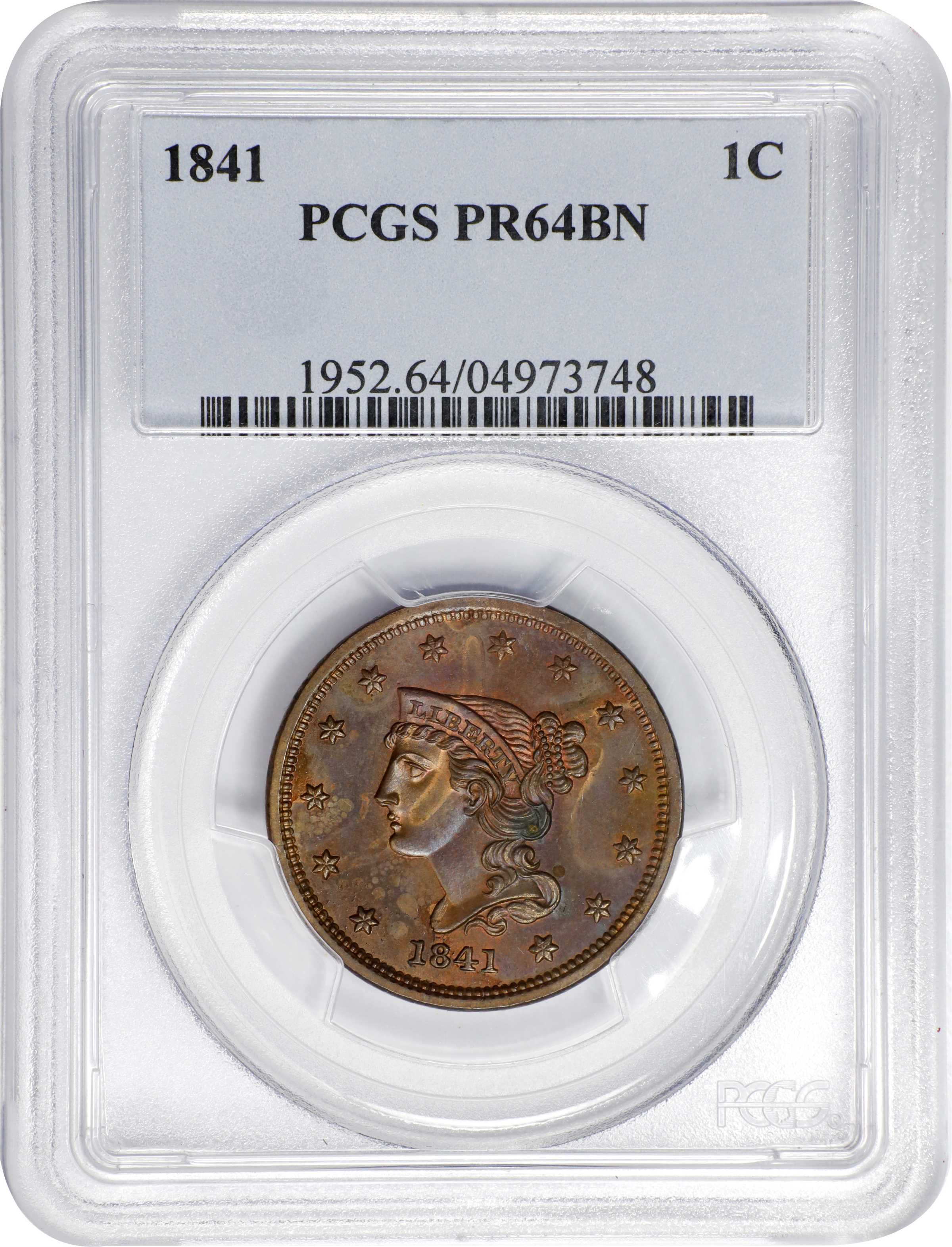 image for: 1841 Braided Hair Cent. N-1. Rarity-5. Proof-64 BN (PCGS).
