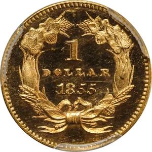 image for: 1855 Gold Dollar. Type II. JD-1, the only known dies. Rarity-7. Proof-64 Deep Cameo (PCGS). CAC.