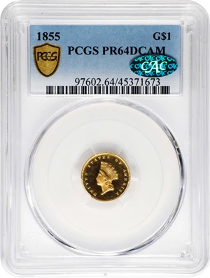image for: 1855 Gold Dollar. Type II. JD-1, the only known dies. Rarity-7. Proof-64 Deep Cameo (PCGS). CAC.