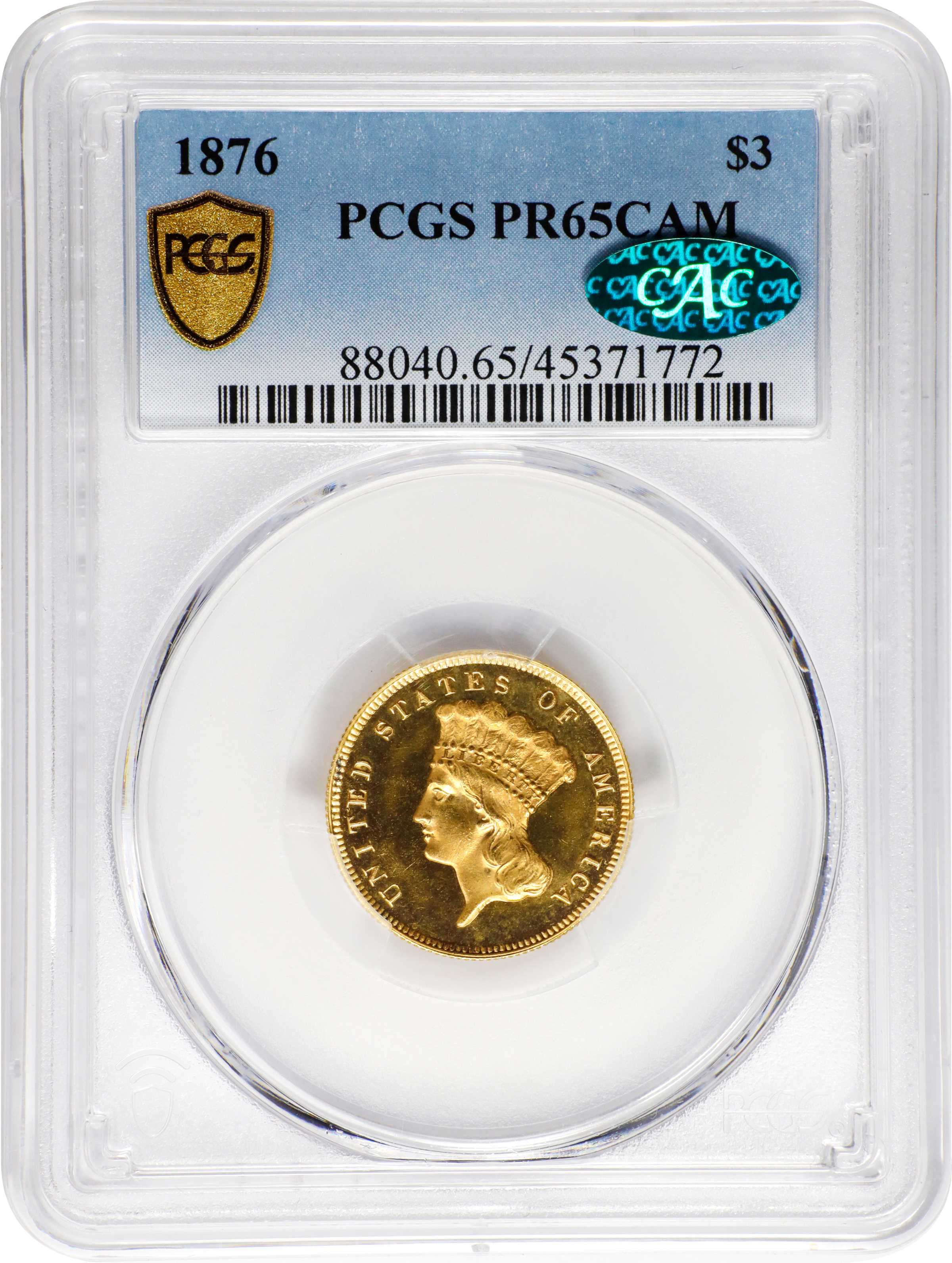 image for: 1876 Three-Dollar Gold Piece. JD-2. Rarity-6. Proof-65 Cameo (PCGS). CAC.