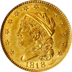 image for: 1818 Capped Head Left Half Eagle. BD-2. Rarity-4. STATESOF. AU-58 (ANACS). OH.