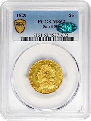 image for: 1829 Capped Head Left Half Eagle. Reduced Diameter. BD-2. Rarity-7. MS-62 (PCGS). CAC.