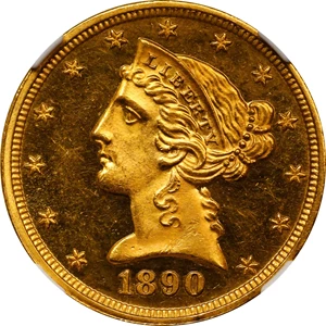 image for: 1890 Liberty Head Half Eagle. JD-1, the only known dies. Rarity-5. Proof-63+ Ultra Cameo (NGC).