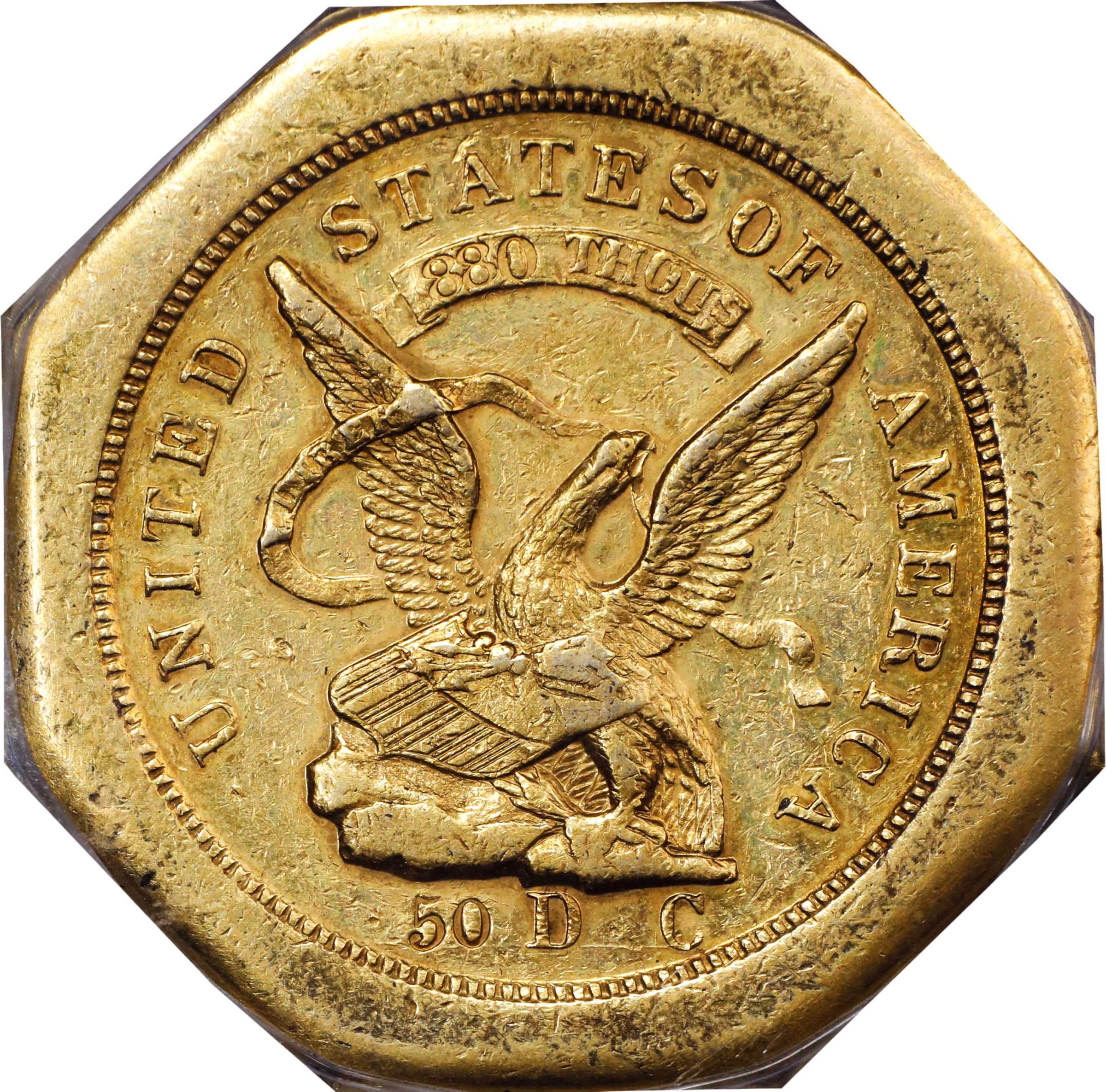 image for: 1851 Augustus Humbert $50. Lettered Edge. K-2. Rarity-5. 50 DC, 880 THOUS., No 50 on Reverse. AU-53 (PCGS).