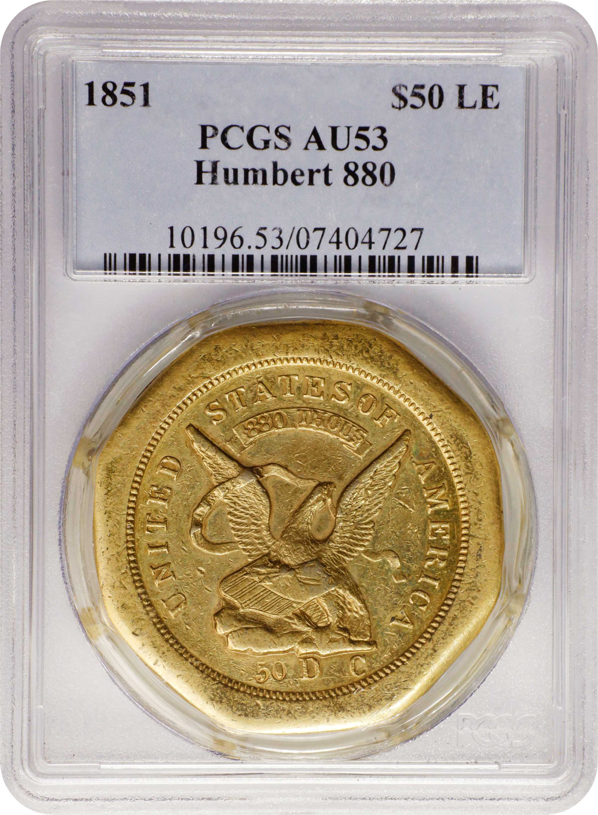 image for: 1851 Augustus Humbert $50. Lettered Edge. K-2. Rarity-5. 50 DC, 880 THOUS., No 50 on Reverse. AU-53 (PCGS).
