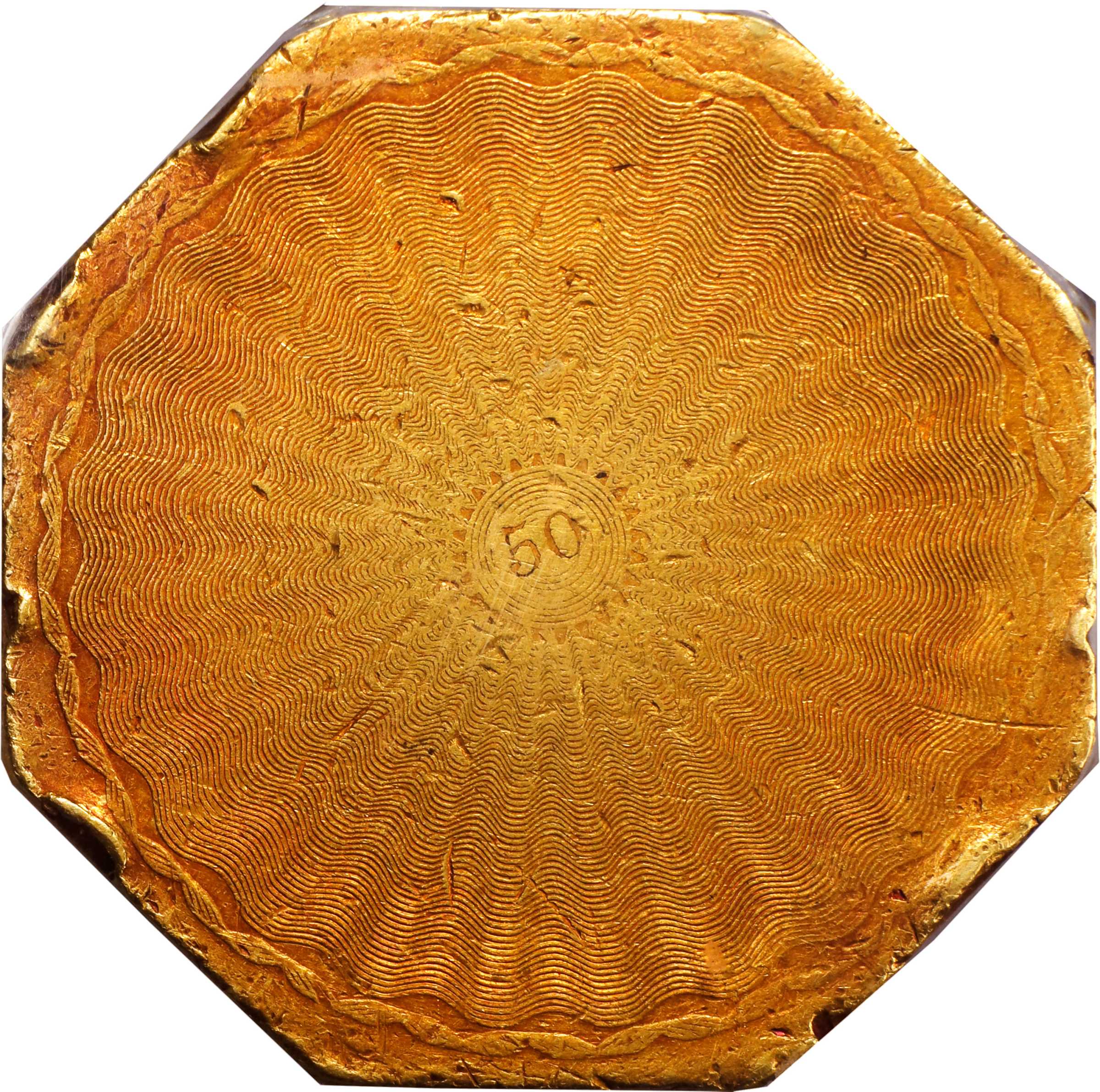 image for: 1851 Augustus Humbert $50. Lettered Edge. K-4. Rarity-5+. 50 DC, 887 THOUS., 50 on Reverse. AU-53 (PCGS).