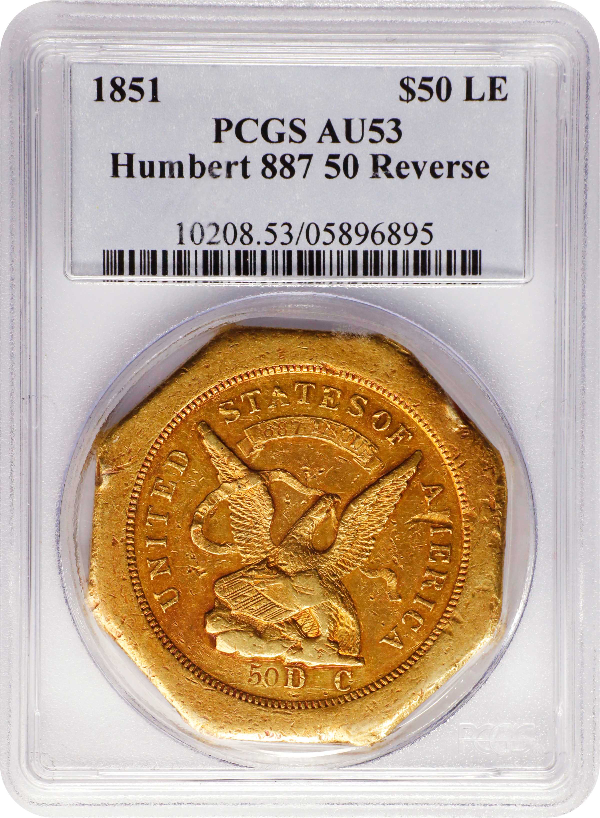 image for: 1851 Augustus Humbert $50. Lettered Edge. K-4. Rarity-5+. 50 DC, 887 THOUS., 50 on Reverse. AU-53 (PCGS).