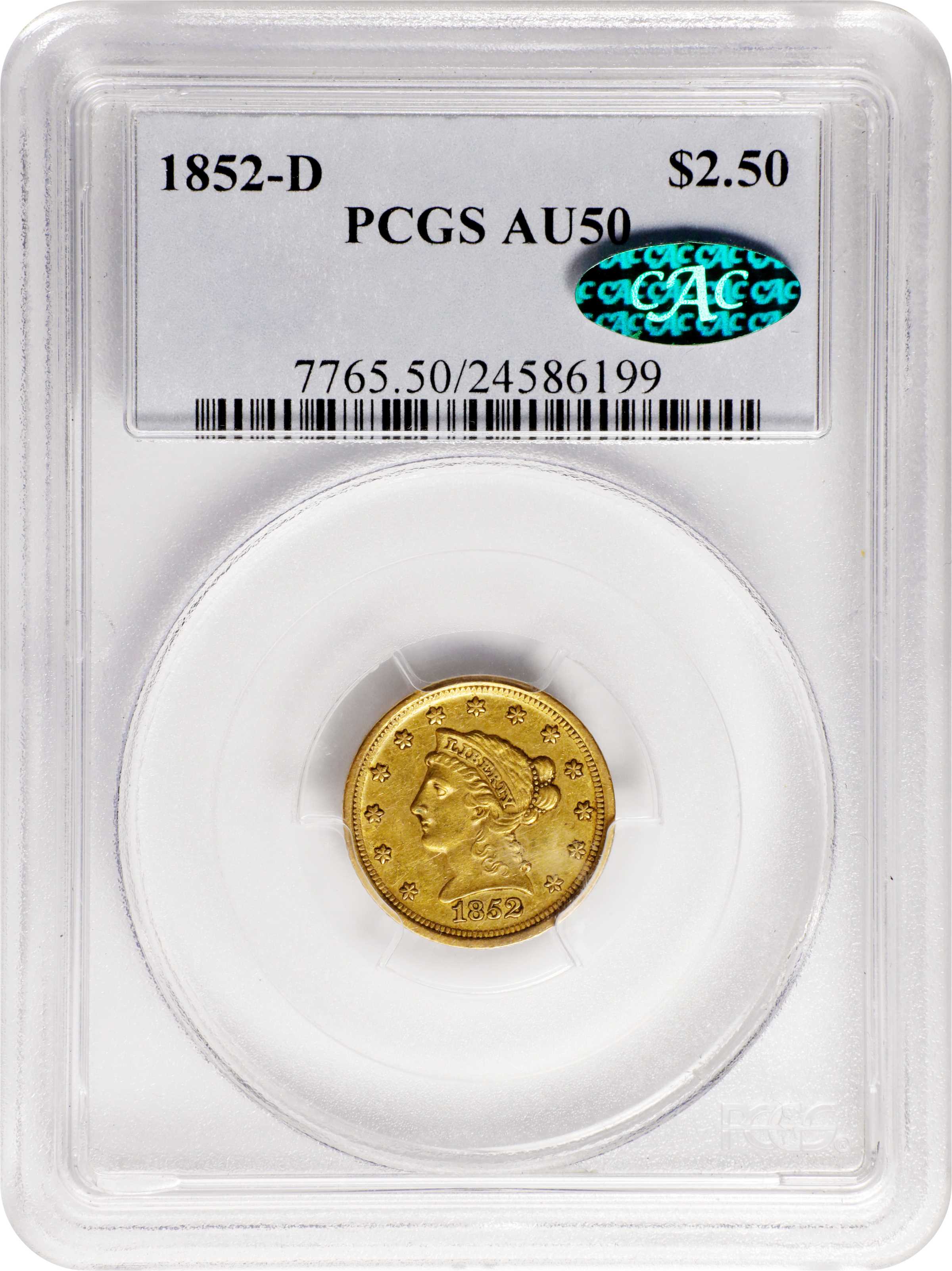 image for: 1852-D Liberty Head Quarter Eagle. Winter 16-N, the only known dies. AU-50 (PCGS). CAC.