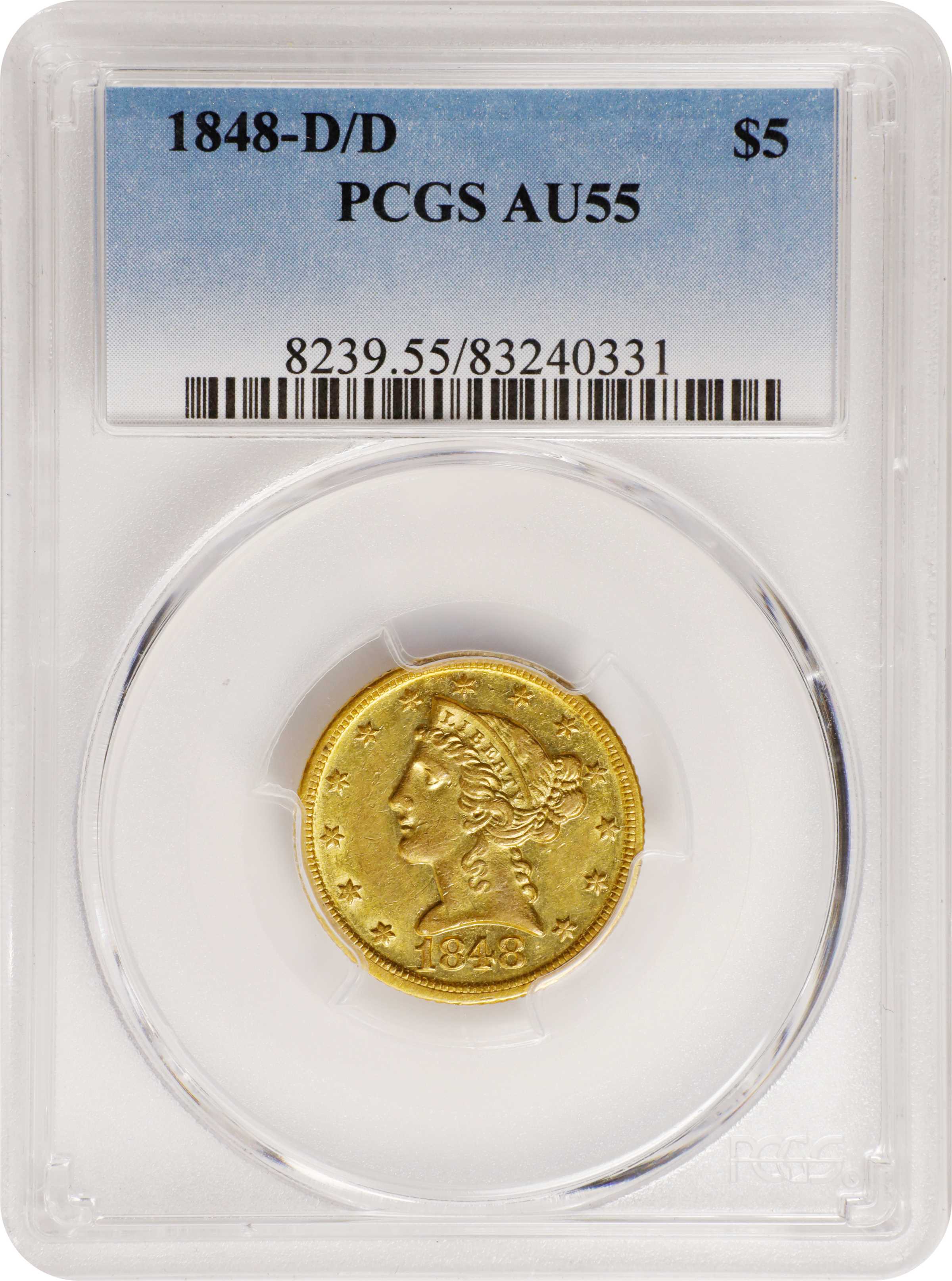 image for: 1848-D/D Liberty Head Half Eagle. Winter 22-O. Die State I. AU-55 (PCGS).
