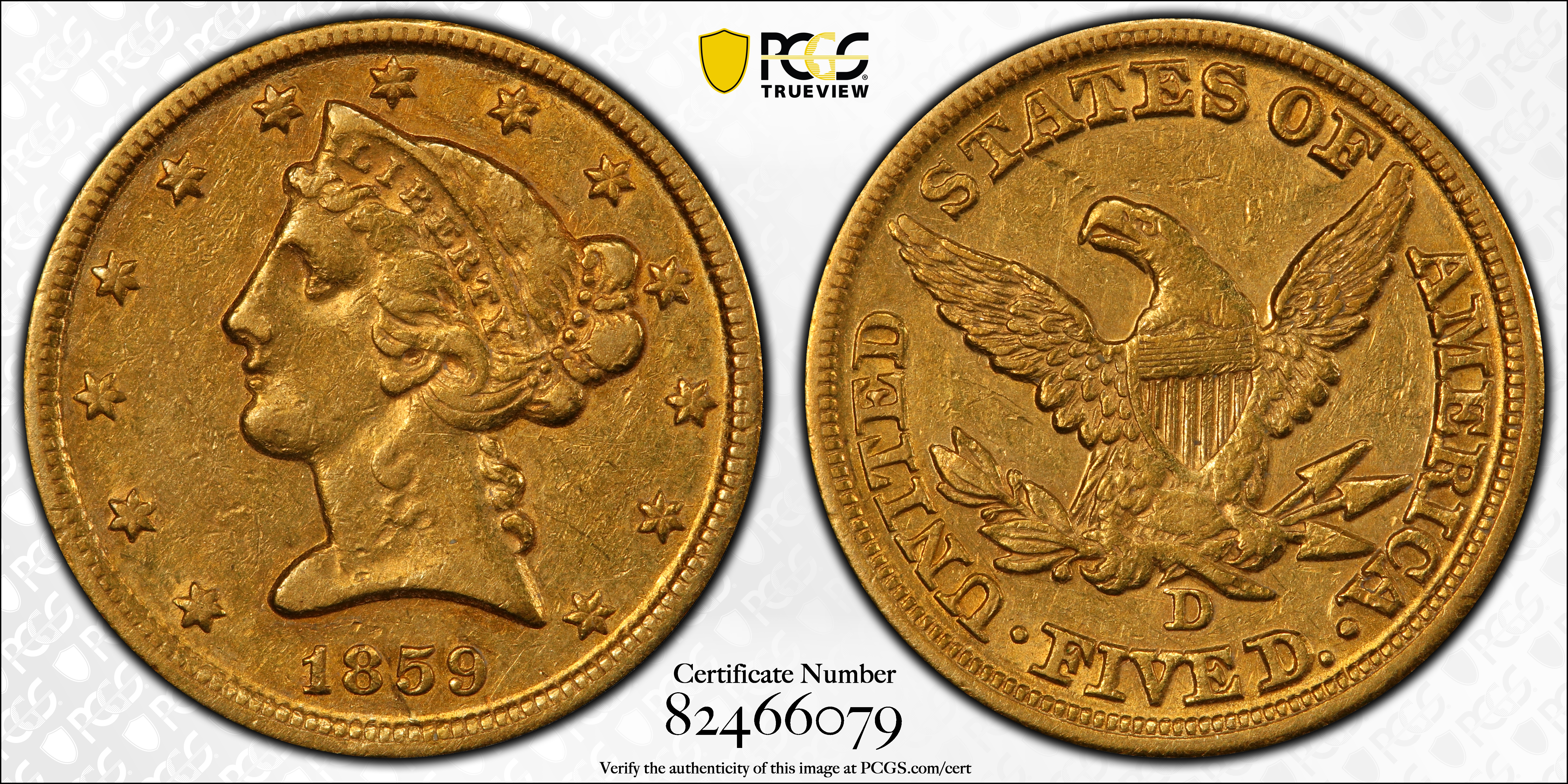 image for: 1859-D Liberty Head Half Eagle. Winter 45-EE. Large D. AU-53 (PCGS).