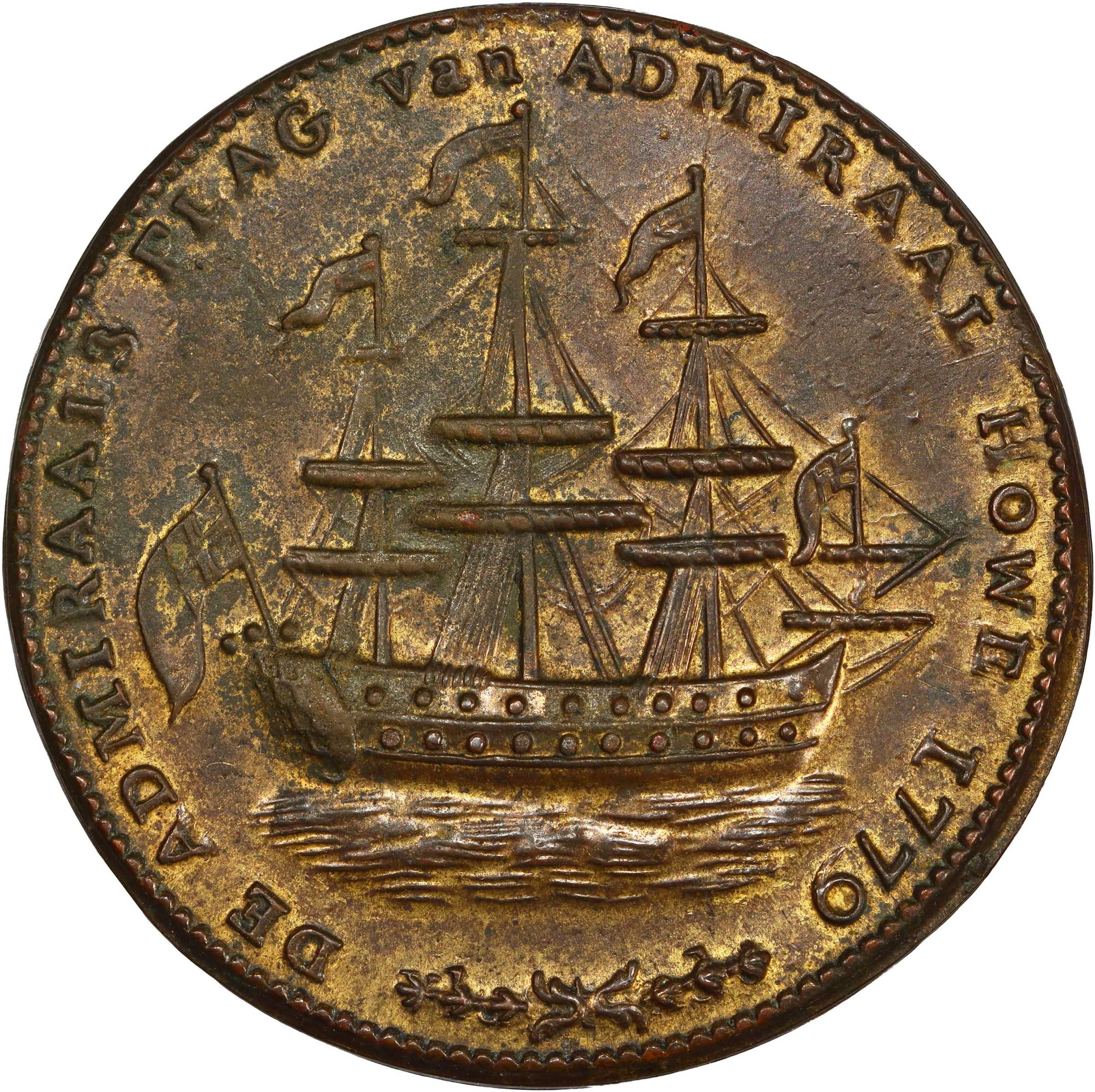 image for: "1778-1779" (ca. 1780) Rhode Island Ship Medal. Betts-563, W-1740. Wreath Below Ship. Brass. MS-63 (PCGS).