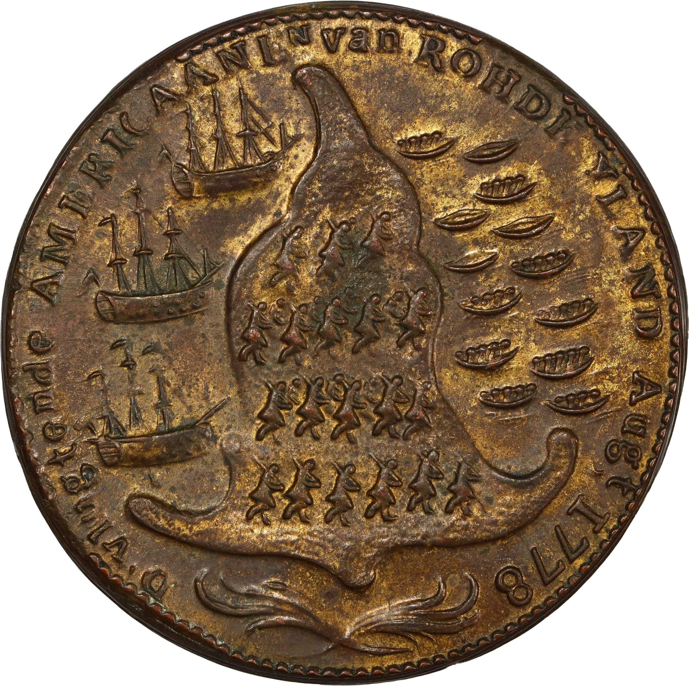 image for: "1778-1779" (ca. 1780) Rhode Island Ship Medal. Betts-563, W-1740. Wreath Below Ship. Brass. MS-63 (PCGS).