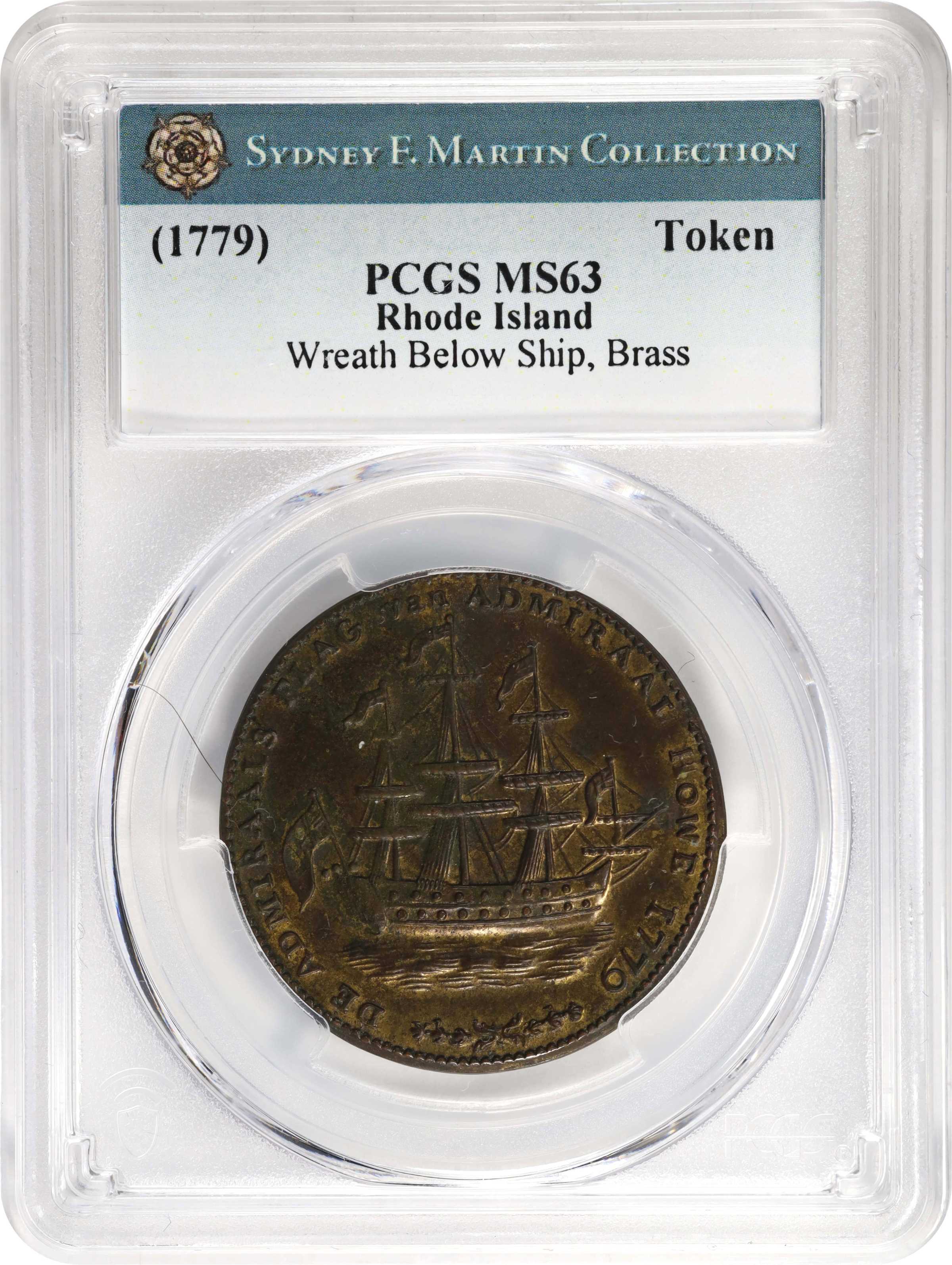 image for: "1778-1779" (ca. 1780) Rhode Island Ship Medal. Betts-563, W-1740. Wreath Below Ship. Brass. MS-63 (PCGS).