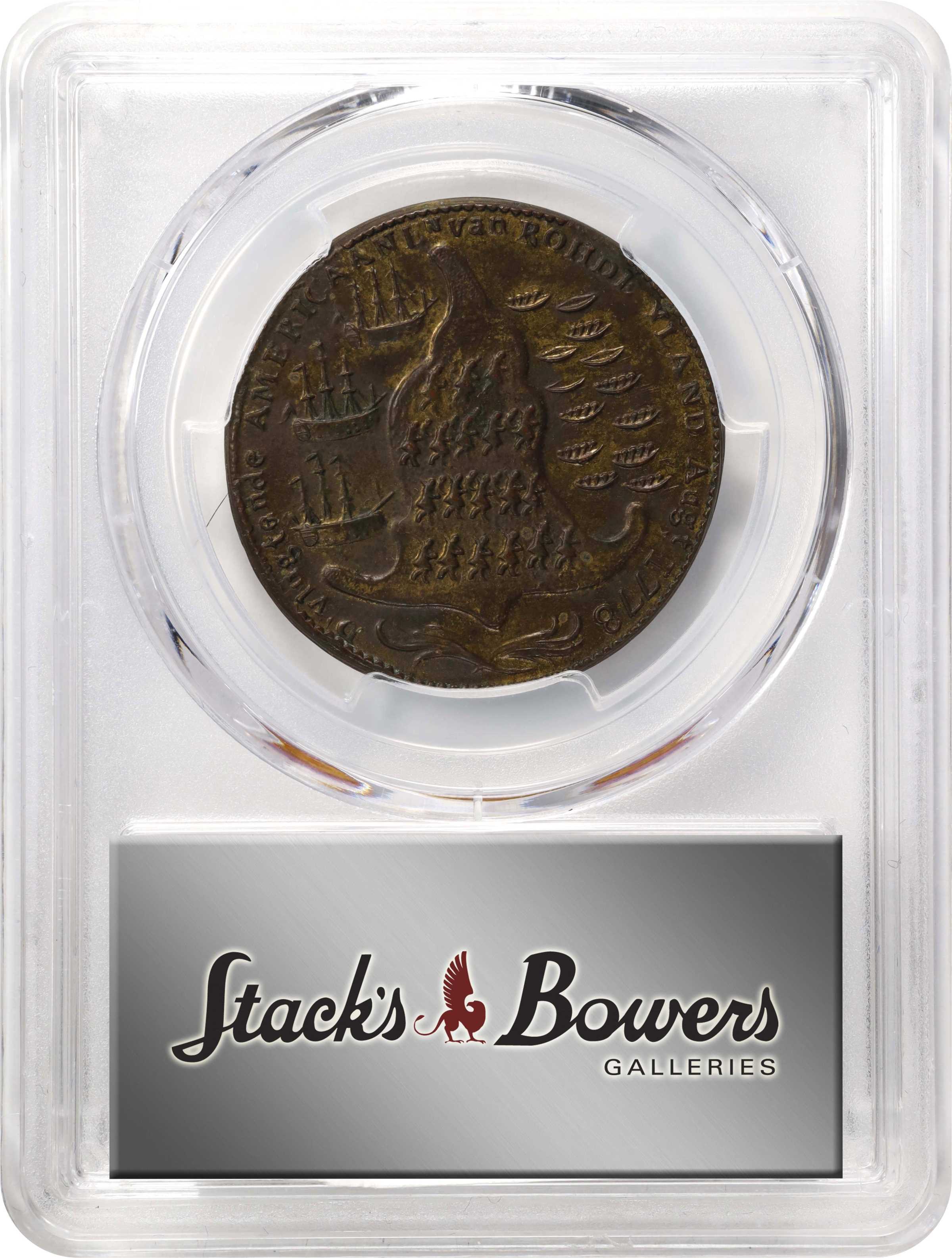 image for: "1778-1779" (ca. 1780) Rhode Island Ship Medal. Betts-563, W-1740. Wreath Below Ship. Brass. MS-63 (PCGS).