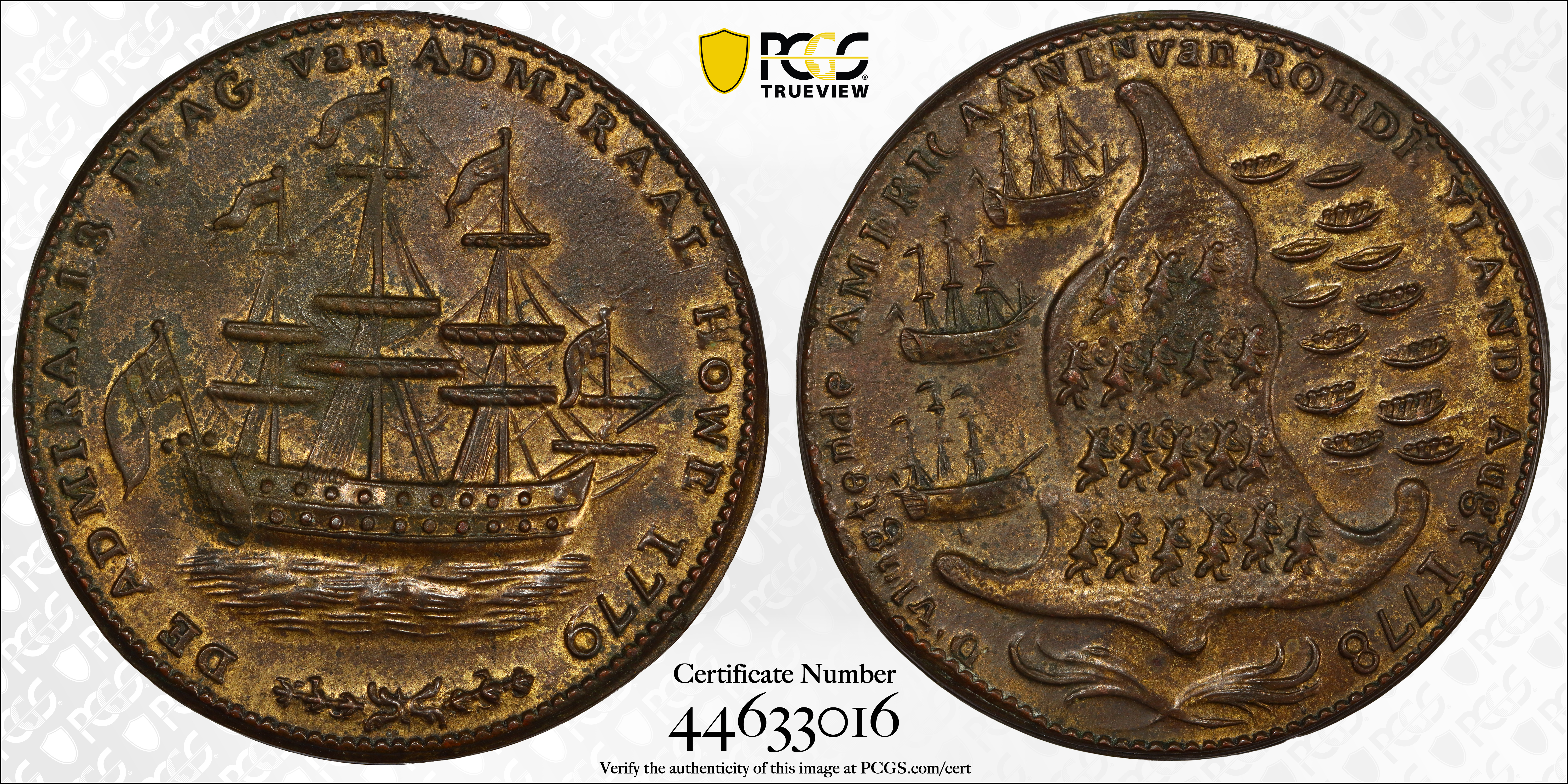 image for: "1778-1779" (ca. 1780) Rhode Island Ship Medal. Betts-563, W-1740. Wreath Below Ship. Brass. MS-63 (PCGS).