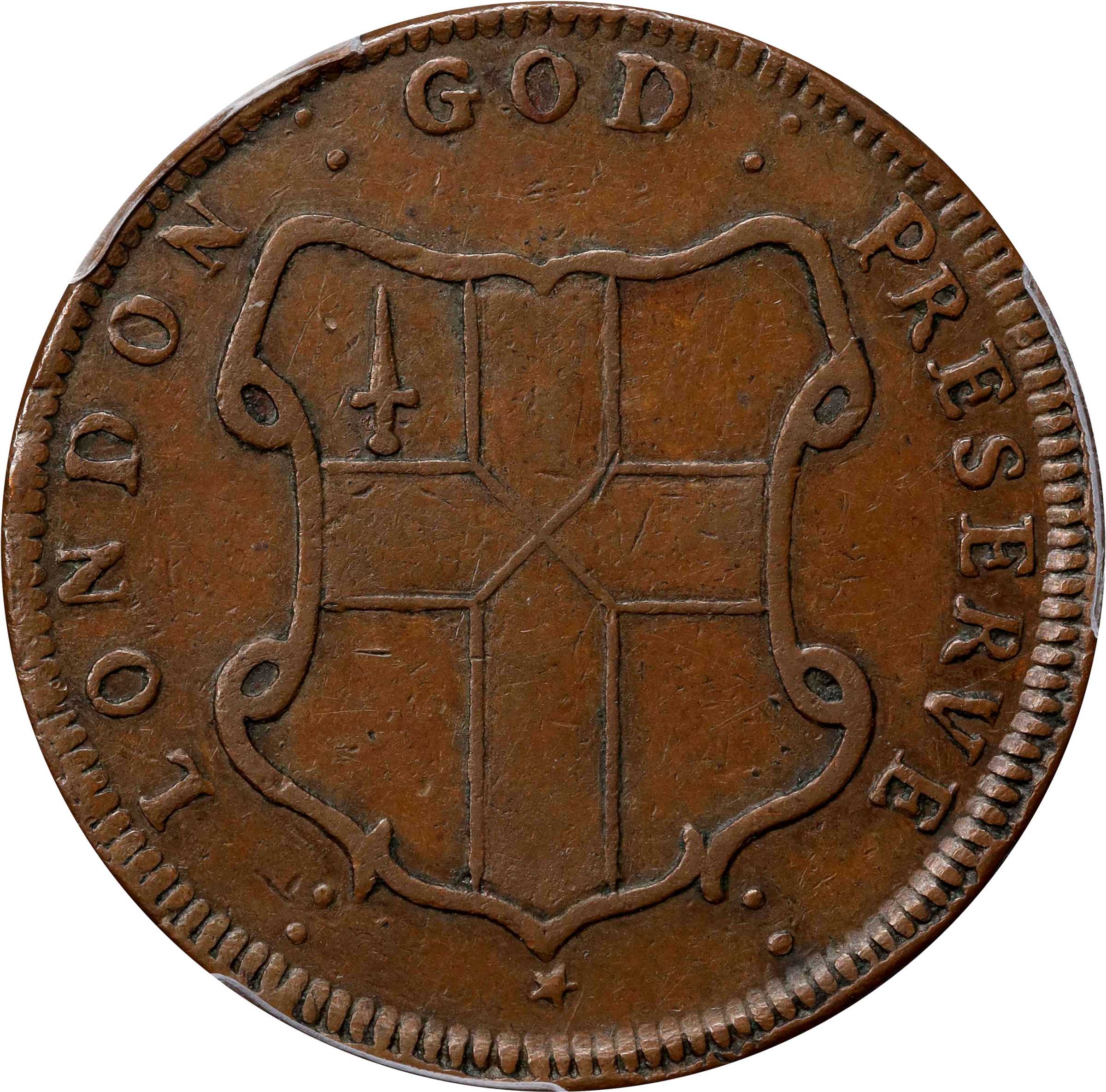 image for: Undated (ca. 1694) London Elephant Token. Hodder 1-A, W-12000. Rarity-6+. GOD PRESERVE LONDON. Diagonals in Center of Shield. EF-40 (PCGS).
