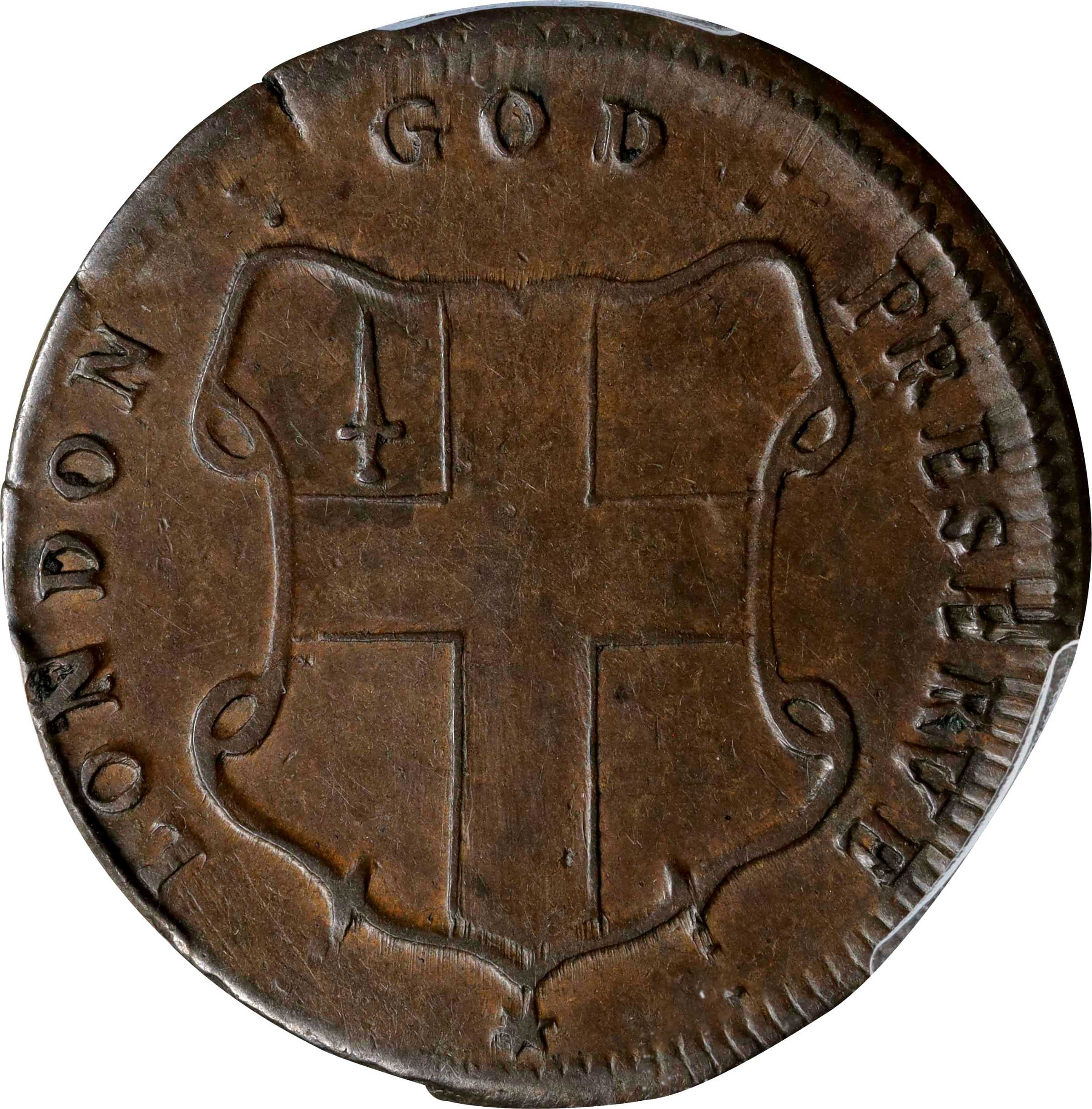 image for: Undated (ca. 1694) London Elephant Token. Hodder 2-B, W-12040. Rarity-2. GOD PRESERVE LONDON. Thin Planchet. AU-58 (PCGS).