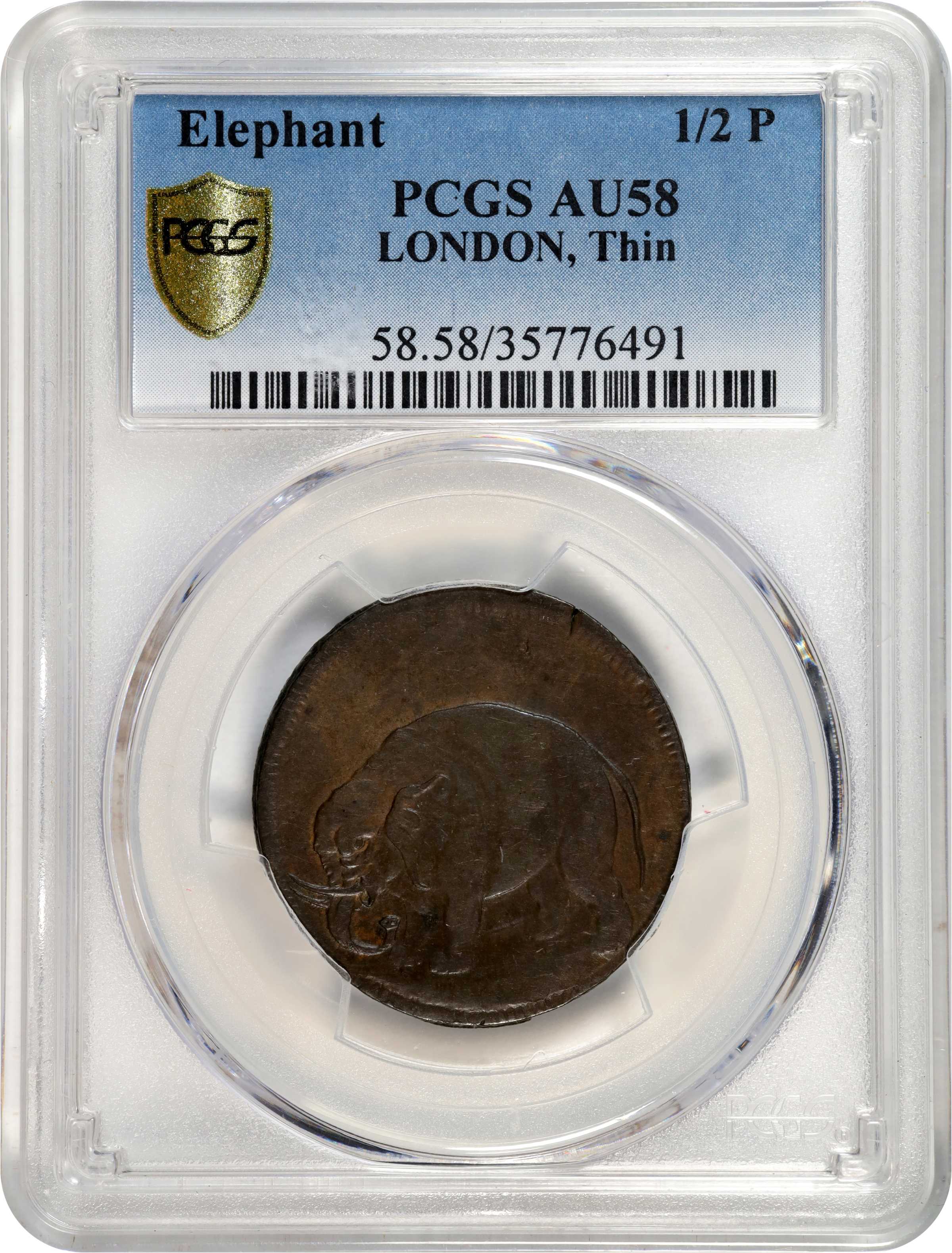 image for: Undated (ca. 1694) London Elephant Token. Hodder 2-B, W-12040. Rarity-2. GOD PRESERVE LONDON. Thin Planchet. AU-58 (PCGS).