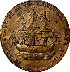 image for: "1778-1779" (ca. 1780) Rhode Island Ship Medal. Betts-562, W-1730. Without Wreath Below Ship. Brass. EF-40 (PCGS).